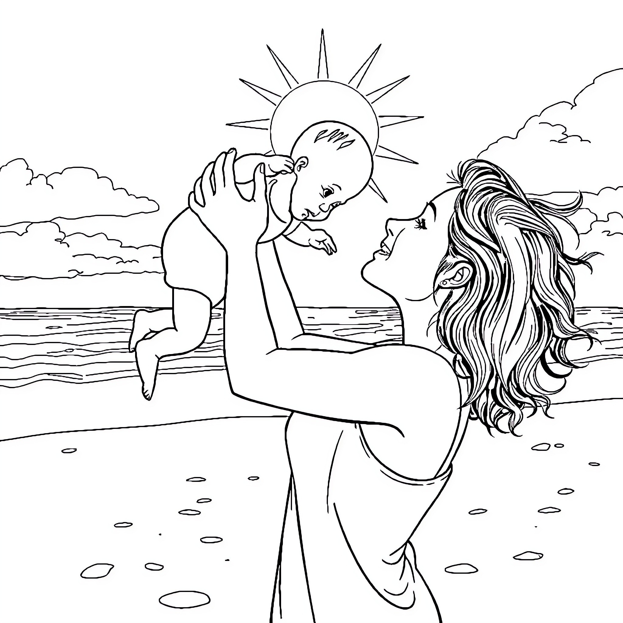 Mother's Gentle Embrace by the Seaside Coloring Page (free black-and-white line drawing printable PDF for all, from beginners to advanced learners, including children, teens, adults, and seniors)