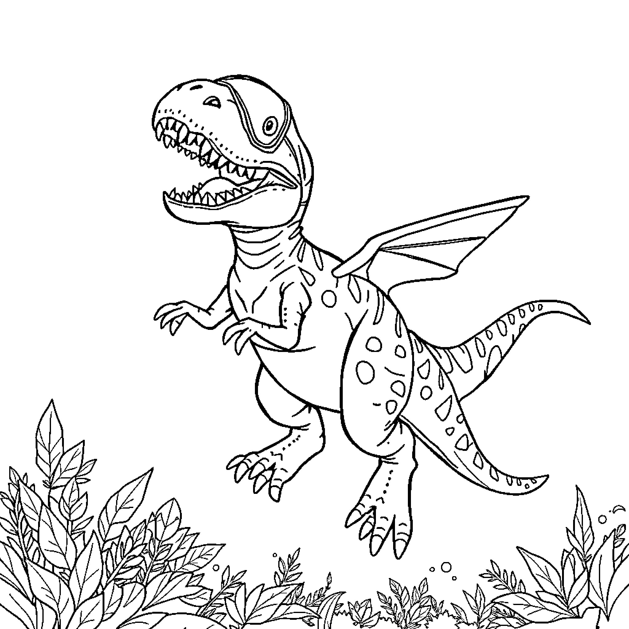 Dino exploring the lush foliage Coloring Page (free black-and-white line drawing printable PDF for all, from beginners to advanced learners, including children, teens, adults, and seniors)