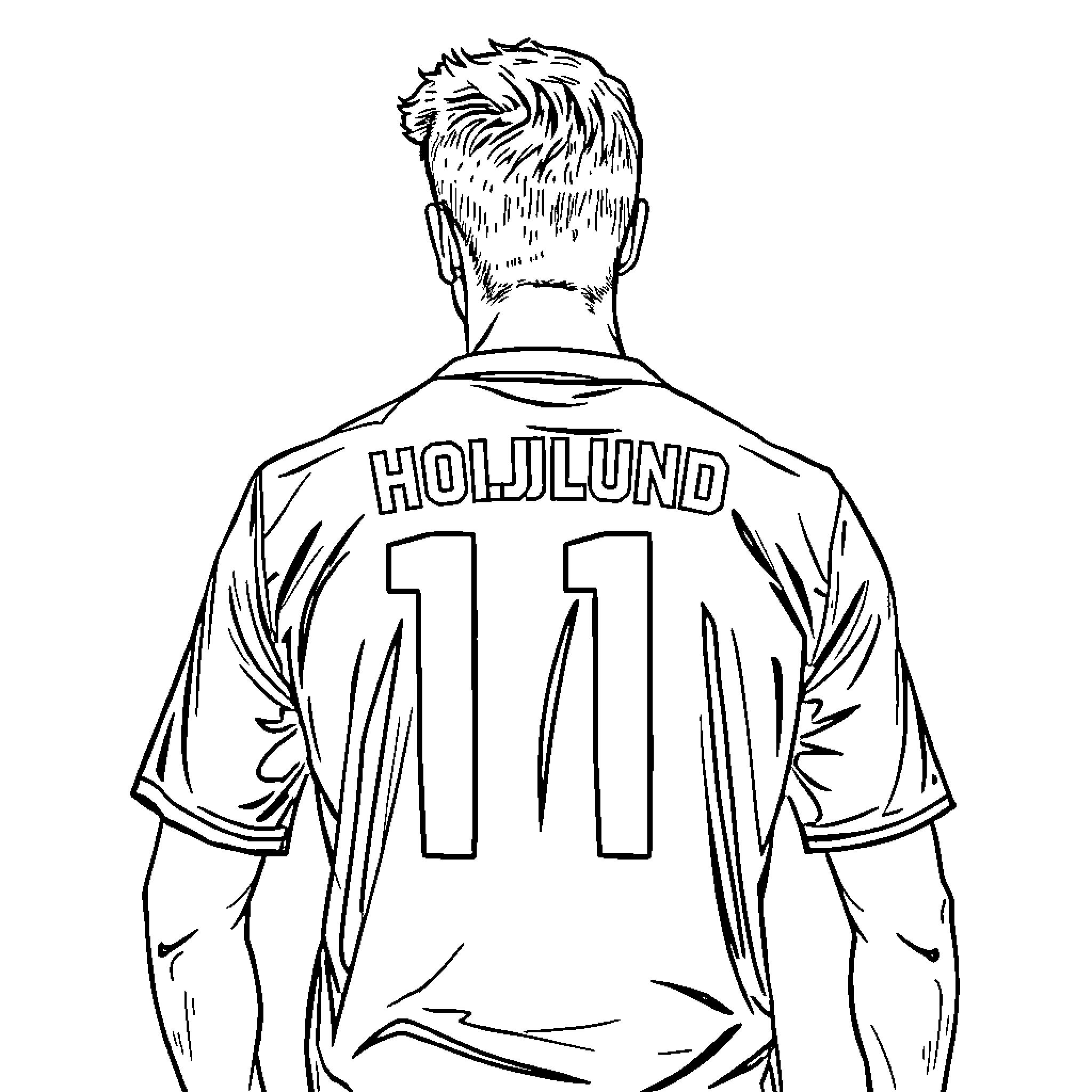 Rasmus Højlund wearing jersey on the field Coloring Page (free black-and-white line drawing printable PDF for all, from beginners to advanced learners, including children, teens, adults, and seniors)