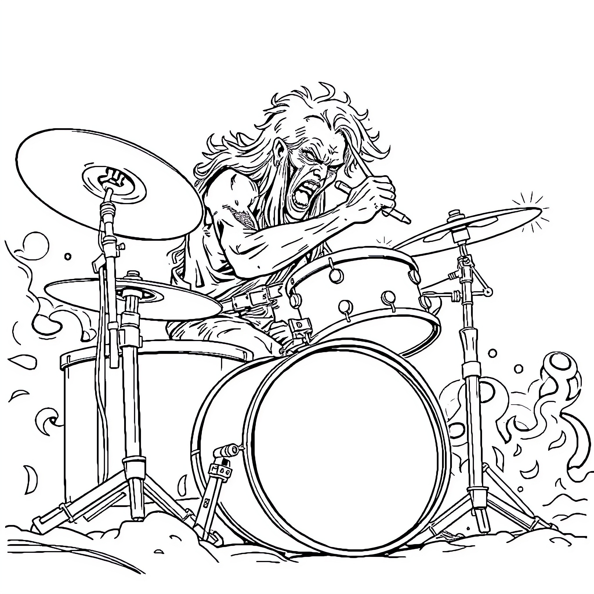 Drummer performing with passion on the drums Coloring Page (free black-and-white line drawing printable PDF for all, from beginners to advanced learners, including children, teens, adults, and seniors)