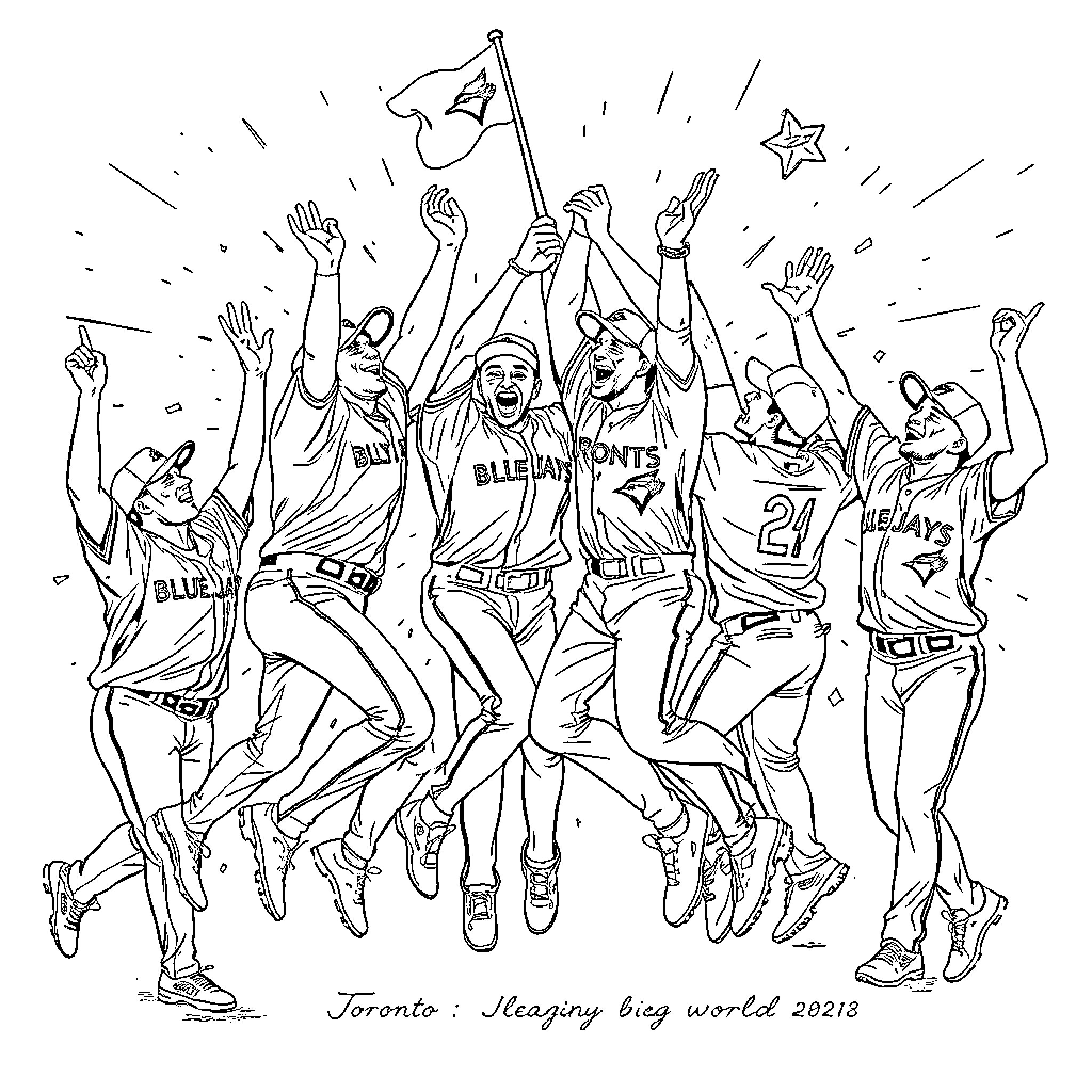 Blue Jay Players Celebrating Victory Joyfully Coloring Page (free black-and-white line drawing printable PDF for all, from beginners to advanced learners, including children, teens, adults, and seniors)