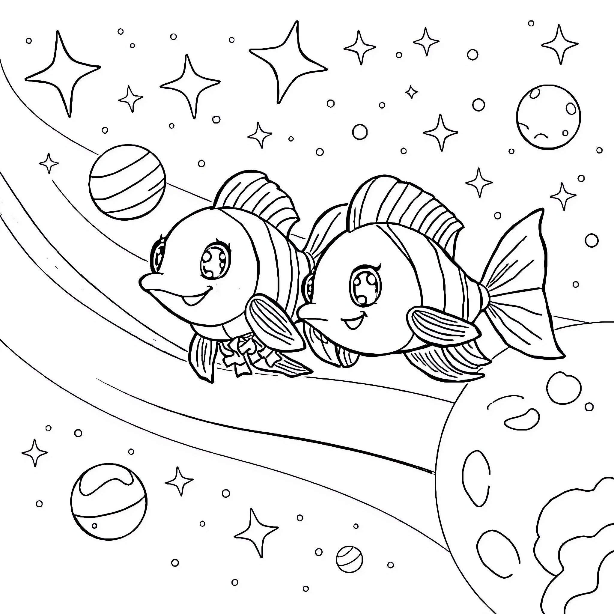 Fish swimming playfully in the cosmic sea Coloring Page (free black-and-white line drawing printable PDF for all, from beginners to advanced learners, including children, teens, adults, and seniors)