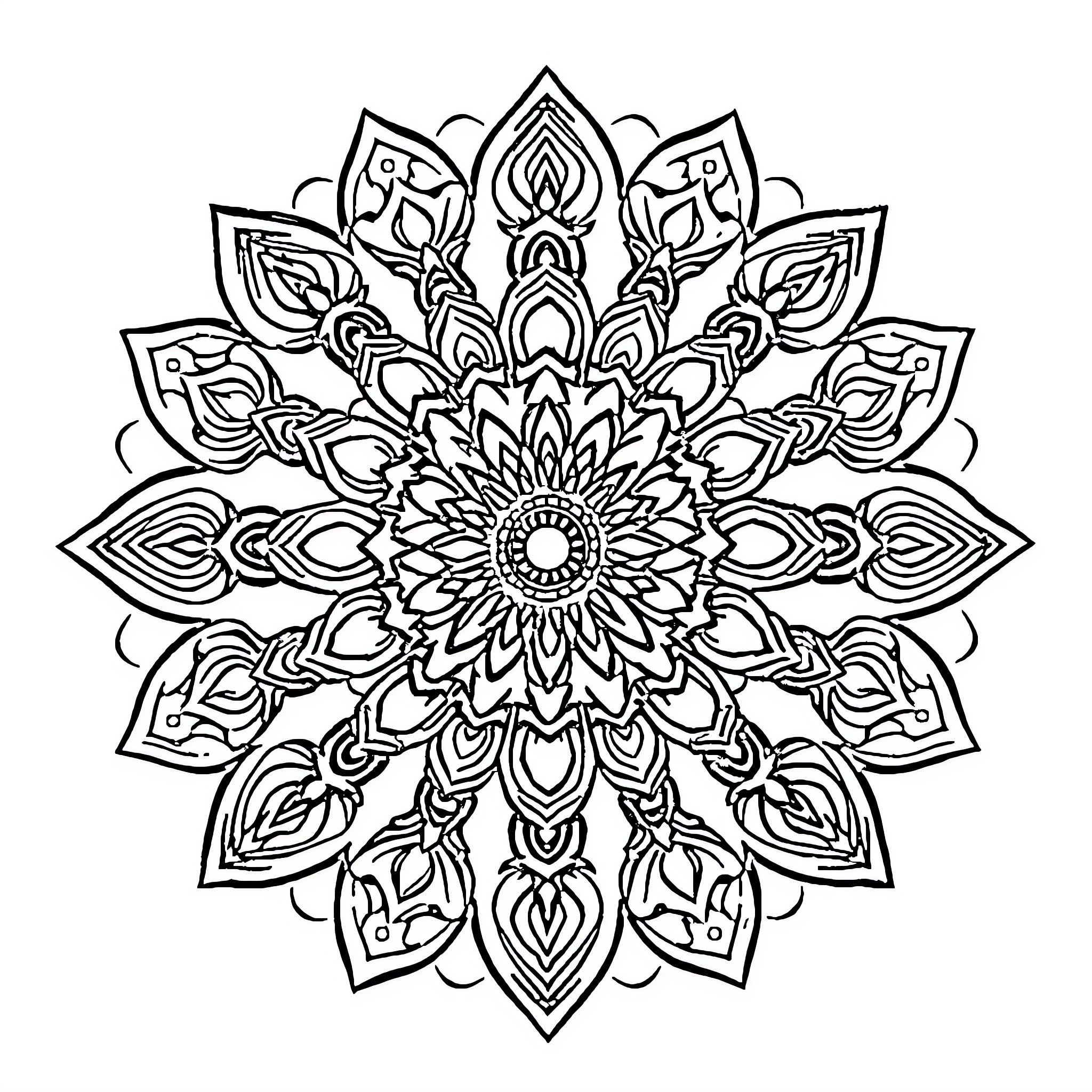 Mandala with intricate floral patterns Coloring Page (free black-and-white line drawing printable PDF for all, from beginners to advanced learners, including children, teens, adults, and seniors)