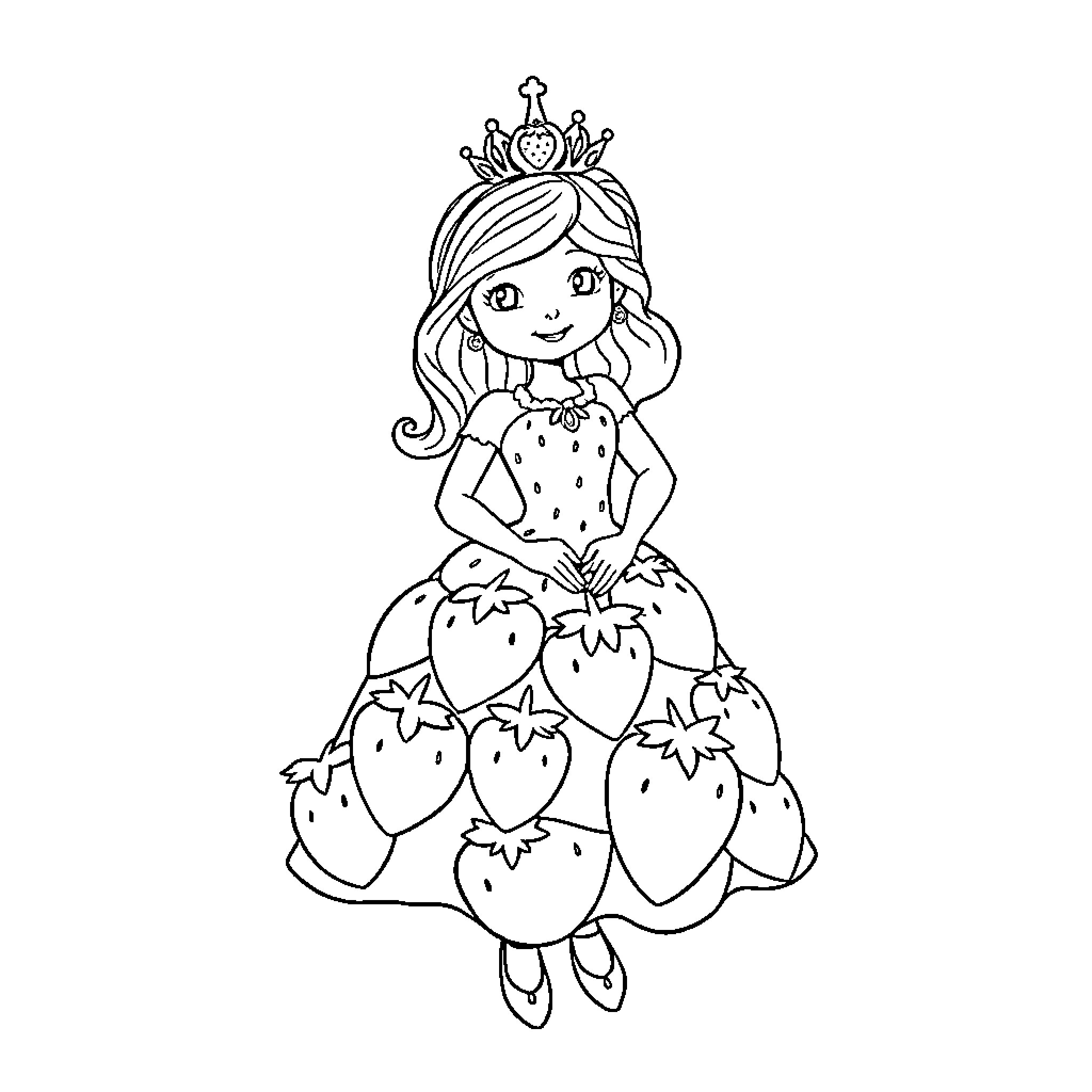 Strawberry Princess in a Whimsical Dress Coloring Page (free black-and-white line drawing printable PDF for all, from beginners to advanced learners, including children, teens, adults, and seniors)