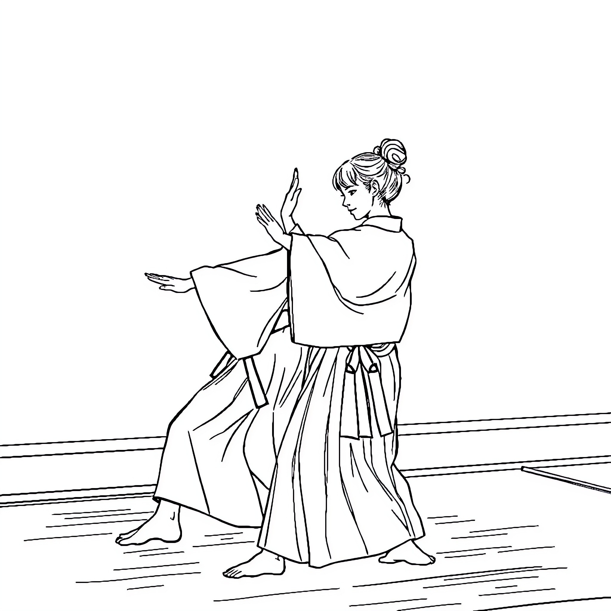 Aikidoka performing graceful movements on the mat Coloring Page (free black-and-white line drawing printable PDF for all, from beginners to advanced learners, including children, teens, adults, and seniors)