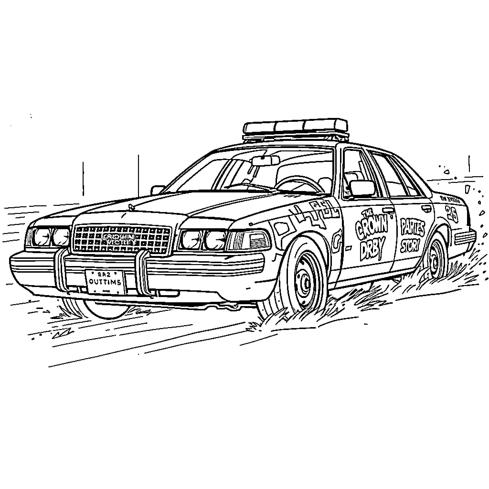 Crown Victoria police car in pursuit Coloring Page (free black-and-white line drawing printable PDF for all, from beginners to advanced learners, including children, teens, adults, and seniors)