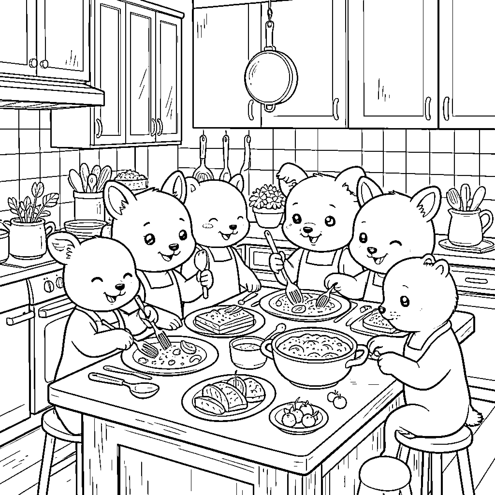 Animal family enjoying a meal in the kitchen Coloring Page (free black-and-white line drawing printable PDF for all, from beginners to advanced learners, including children, teens, adults, and seniors)