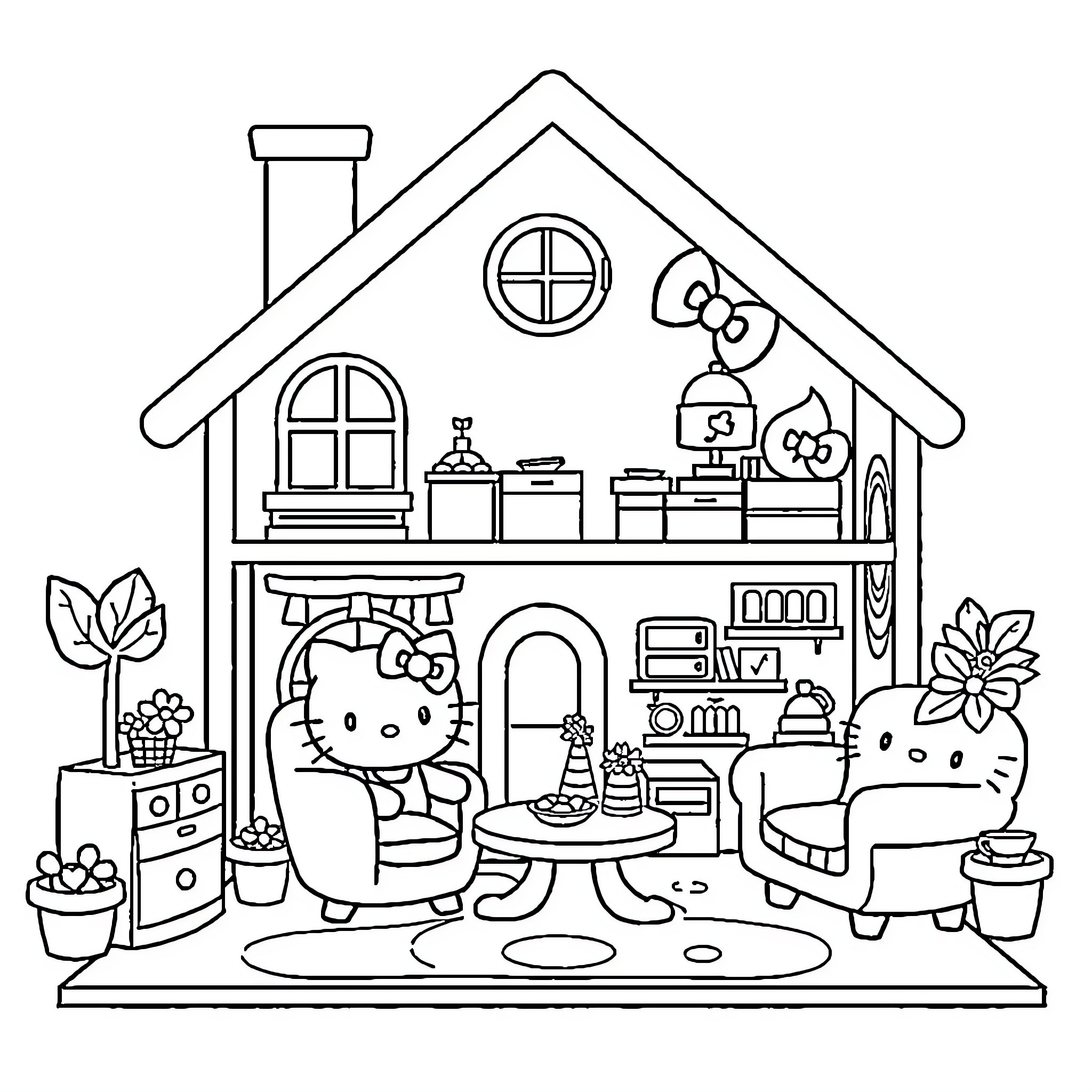 Dollhouse with Playful Kittens and Cozy Furnishings Coloring Page (free black-and-white line drawing printable PDF for all, from beginners to advanced learners, including children, teens, adults, and seniors)