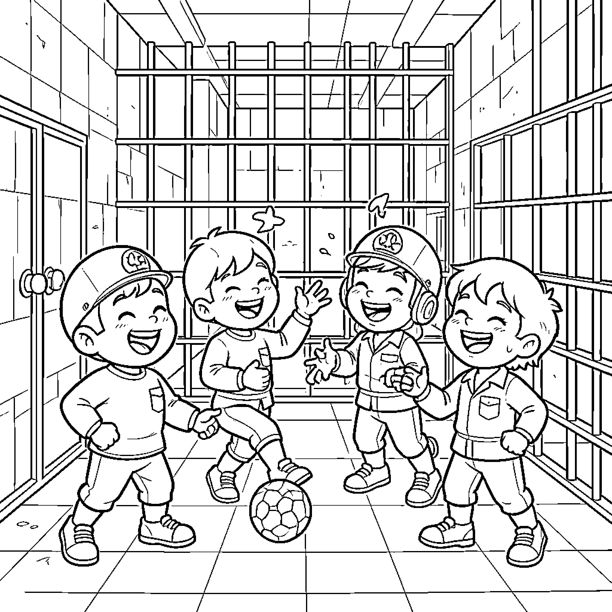 Pat Patrol happy children playing with a soccer ball Coloring Page (free black-and-white line drawing printable PDF for all, from beginners to advanced learners, including children, teens, adults, and seniors)