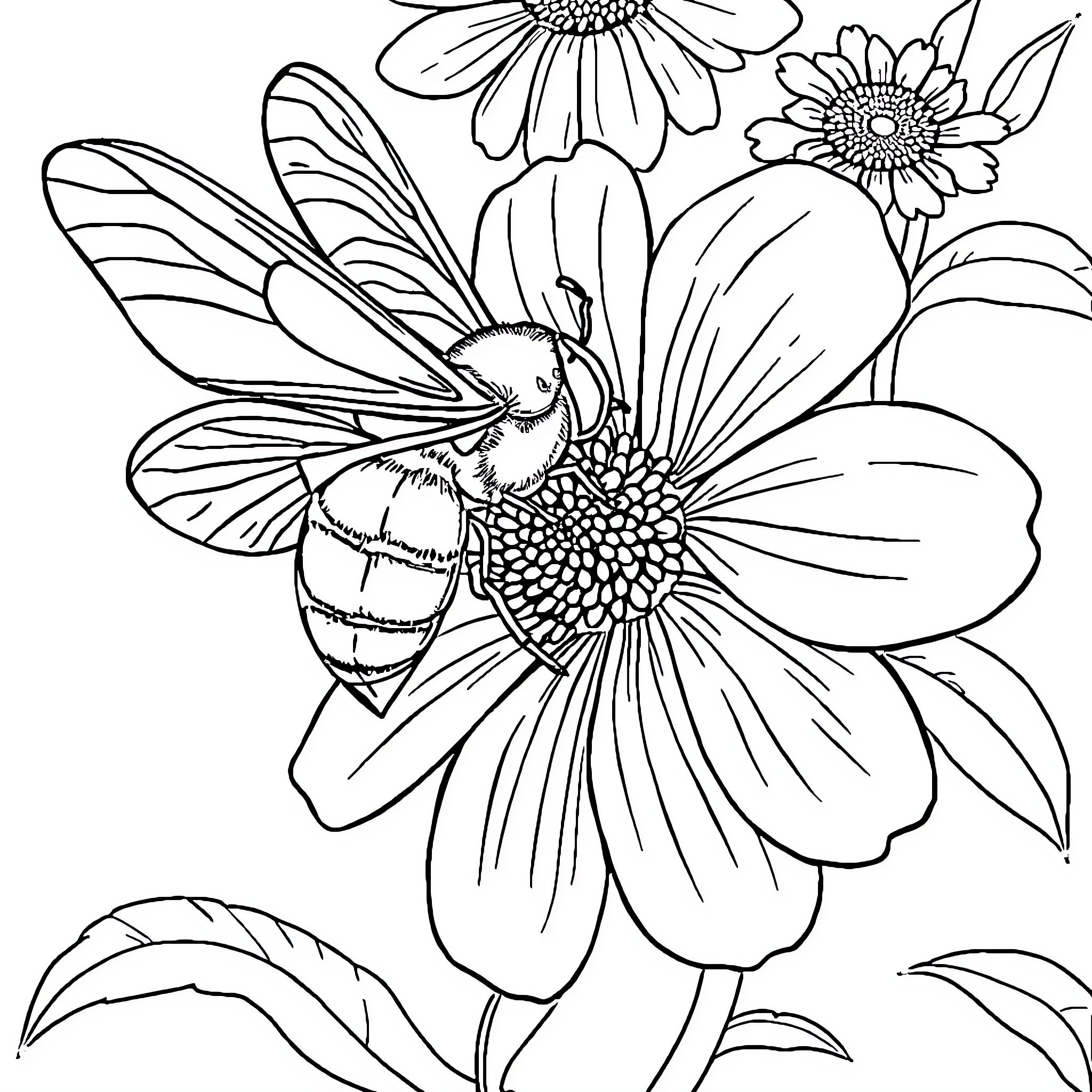 Insect pollinating flowers in the garden Coloring Page (free black-and-white line drawing printable PDF for all, from beginners to advanced learners, including children, teens, adults, and seniors)