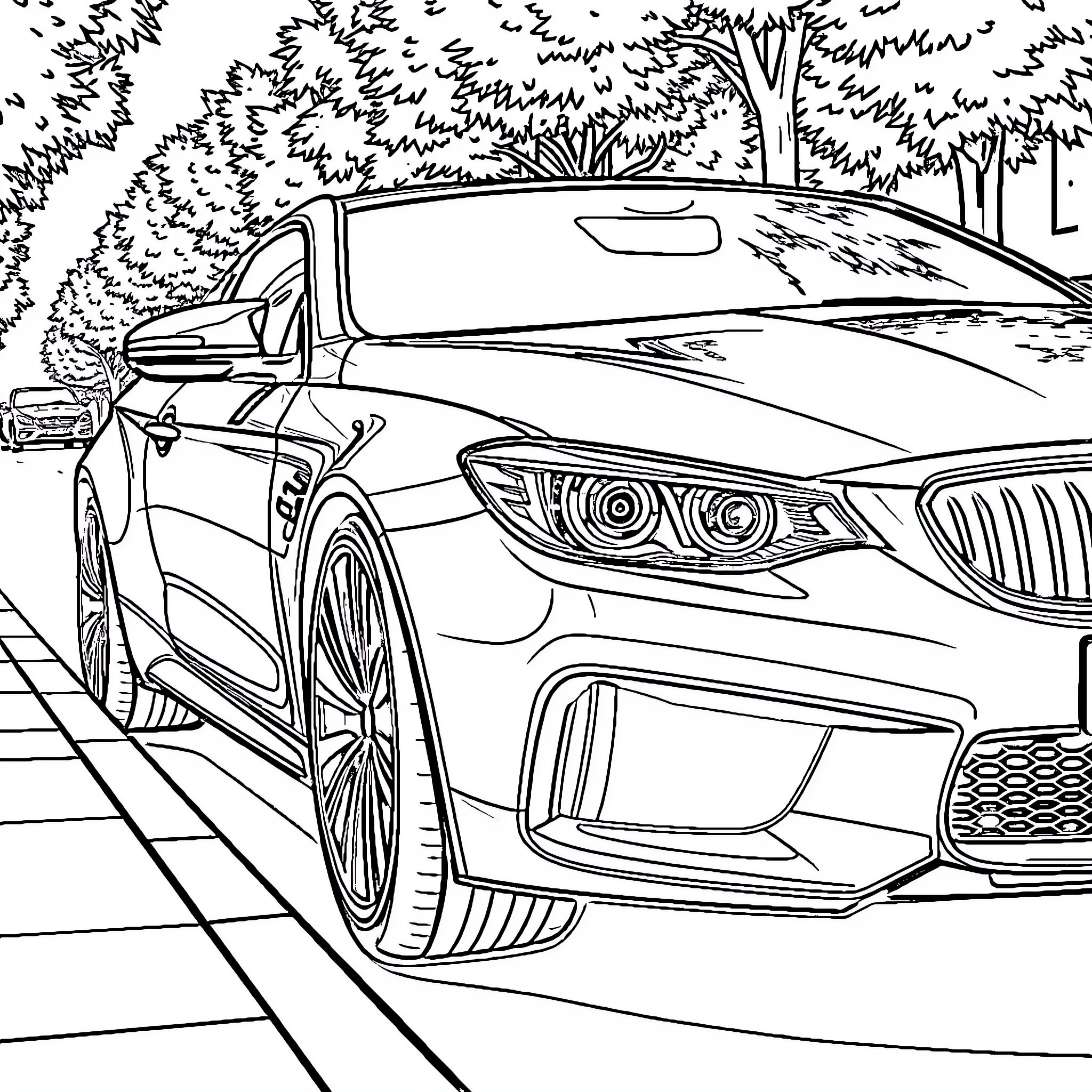 Car on the road in a forested area Coloring Page (free black-and-white line drawing printable PDF for all, from beginners to advanced learners, including children, teens, adults, and seniors)