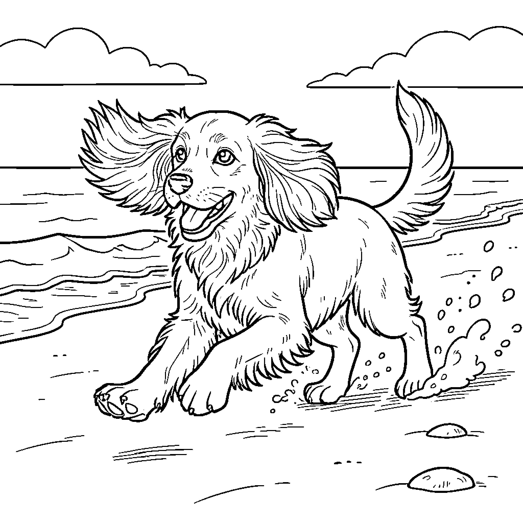 Cocker Spaniel running joyfully along the beach Coloring Page (free black-and-white line drawing printable PDF for all, from beginners to advanced learners, including children, teens, adults, and seniors)