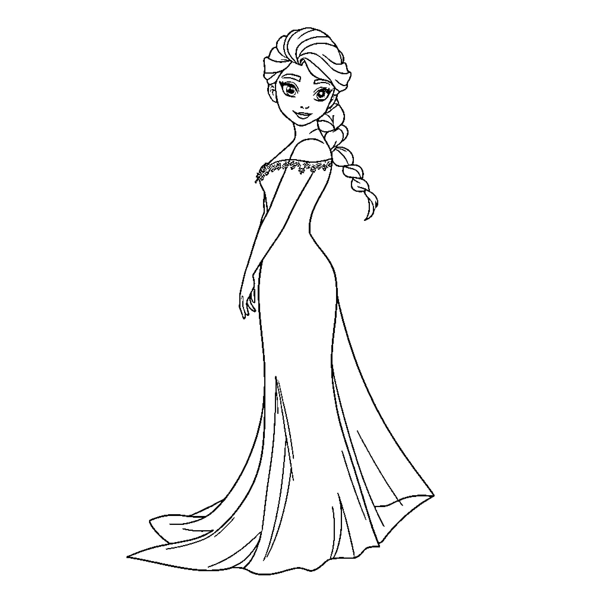Elsa in a stunning gown with elegant hairstyle Coloring Page (free black-and-white line drawing printable PDF for all, from beginners to advanced learners, including children, teens, adults, and seniors)
