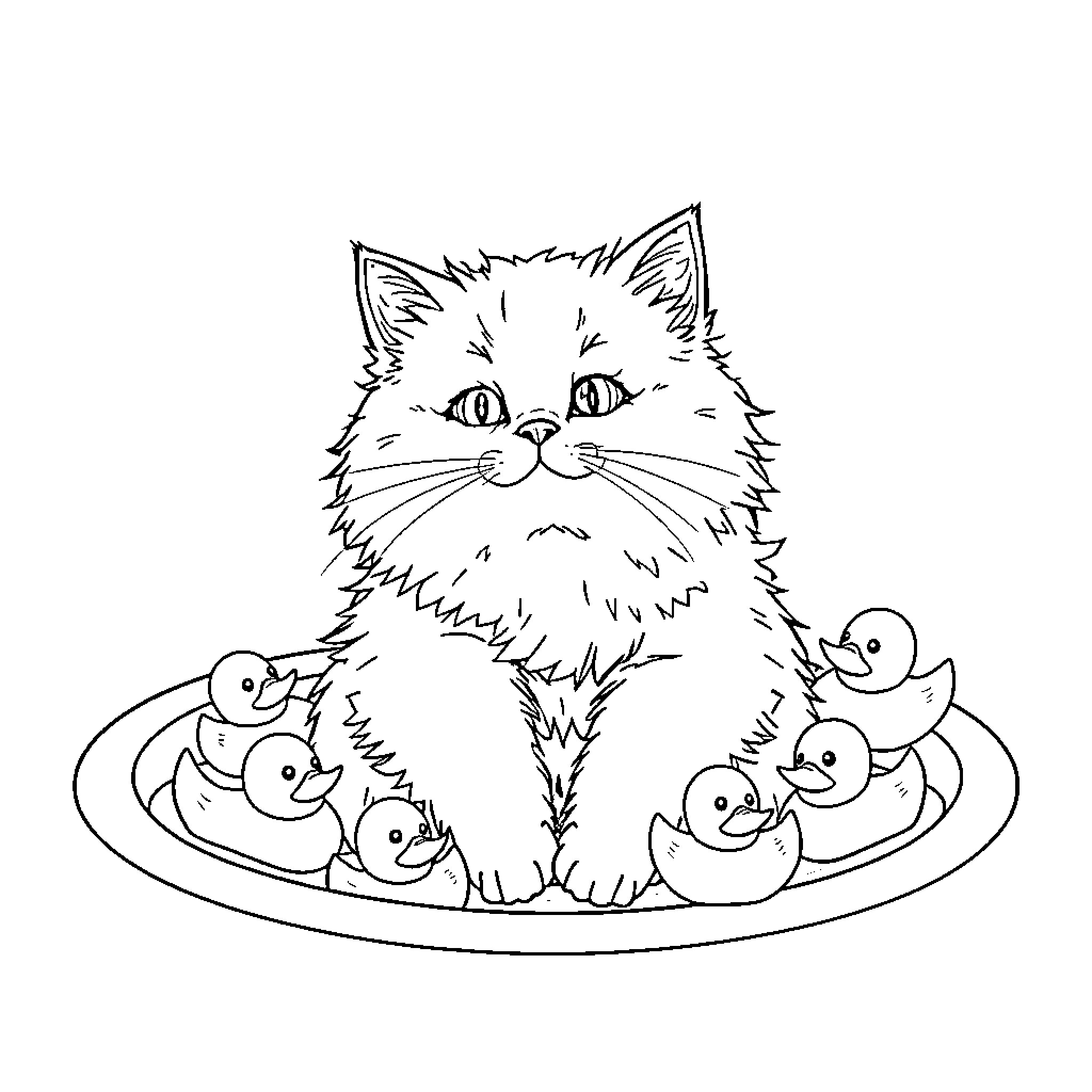 Cat surrounded by cute rubber duckies Coloring Page (free black-and-white line drawing printable PDF for all, from beginners to advanced learners, including children, teens, adults, and seniors)
