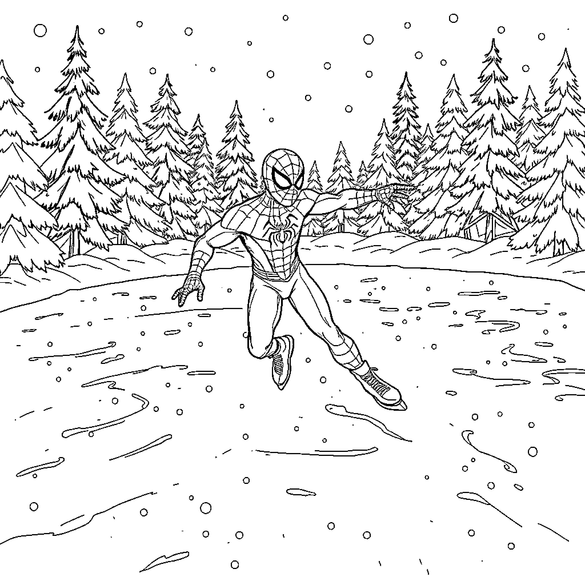 Spiderman skating through a snowy winter landscape Coloring Page (free black-and-white line drawing printable PDF for all, from beginners to advanced learners, including children, teens, adults, and seniors)