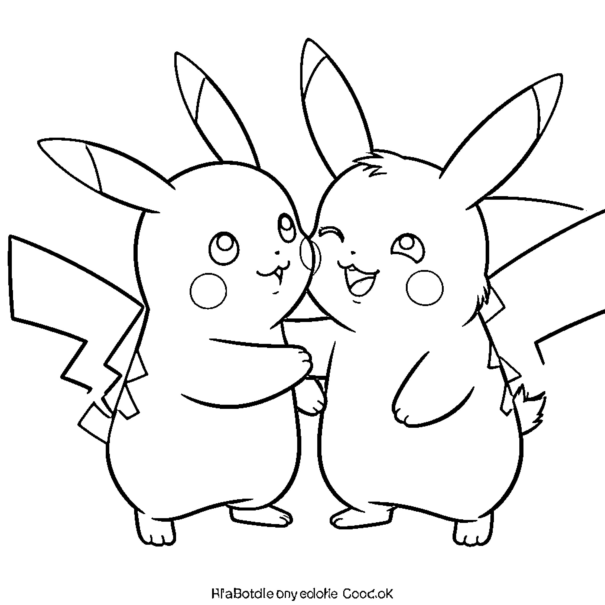 Pikachu characters hugging and smiling joyfully together Coloring Page (free black-and-white line drawing printable PDF for all, from beginners to advanced learners, including children, teens, adults, and seniors)