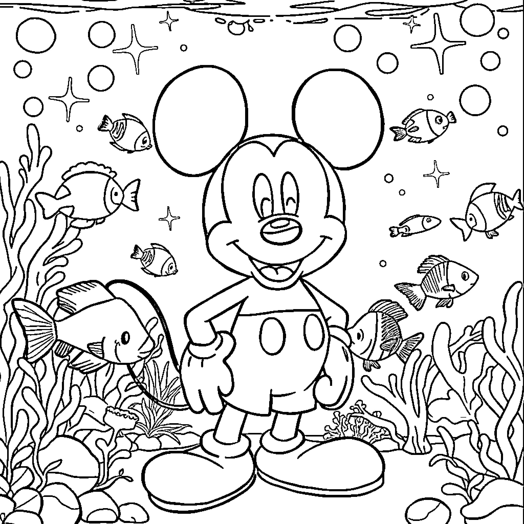 Mickey Mouse exploring the underwater world Coloring Page (free black-and-white line drawing printable PDF for all, from beginners to advanced learners, including children, teens, adults, and seniors)