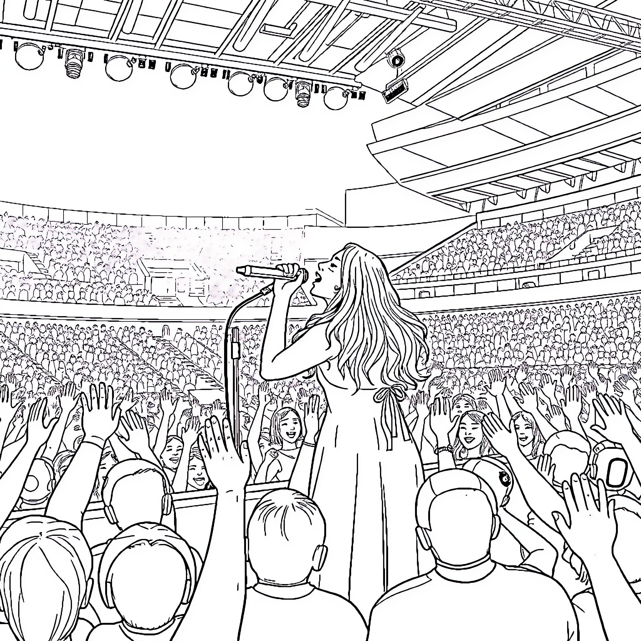 Sabrina Carpenter Performing on Stage with Fans Coloring Page (free black-and-white line drawing printable PDF for all, from beginners to advanced learners, including children, teens, adults, and seniors)