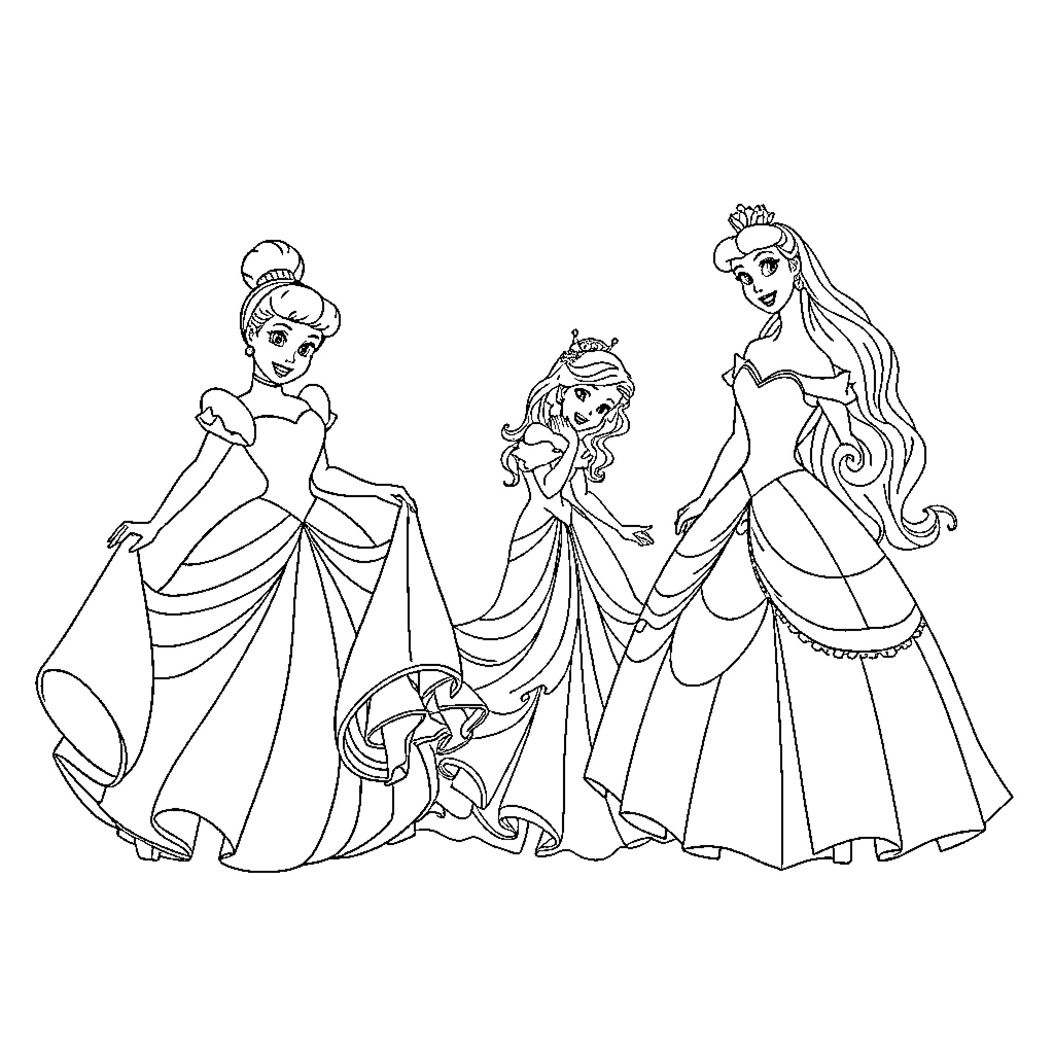 Disney Princess Friends Exploring Together Coloring Page (free black-and-white line drawing printable PDF for all, from beginners to advanced learners, including children, teens, adults, and seniors)