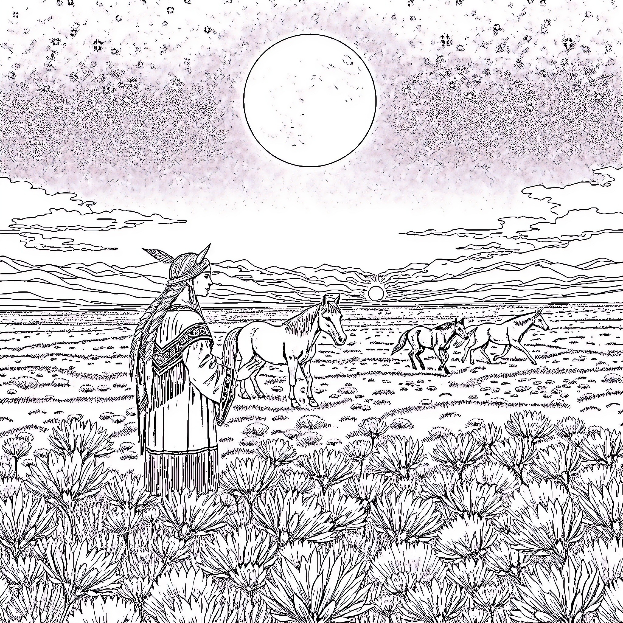 Native American Woman Amid Nature's Wonders Coloring Page (free black-and-white line drawing printable PDF for all, from beginners to advanced learners, including children, teens, adults, and seniors)