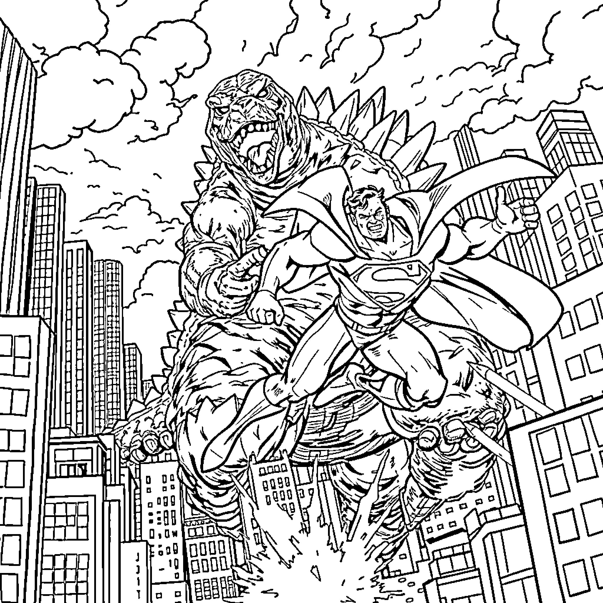 Superman battling a fearsome monster in the city Coloring Page (free black-and-white line drawing printable PDF for all, from beginners to advanced learners, including children, teens, adults, and seniors)