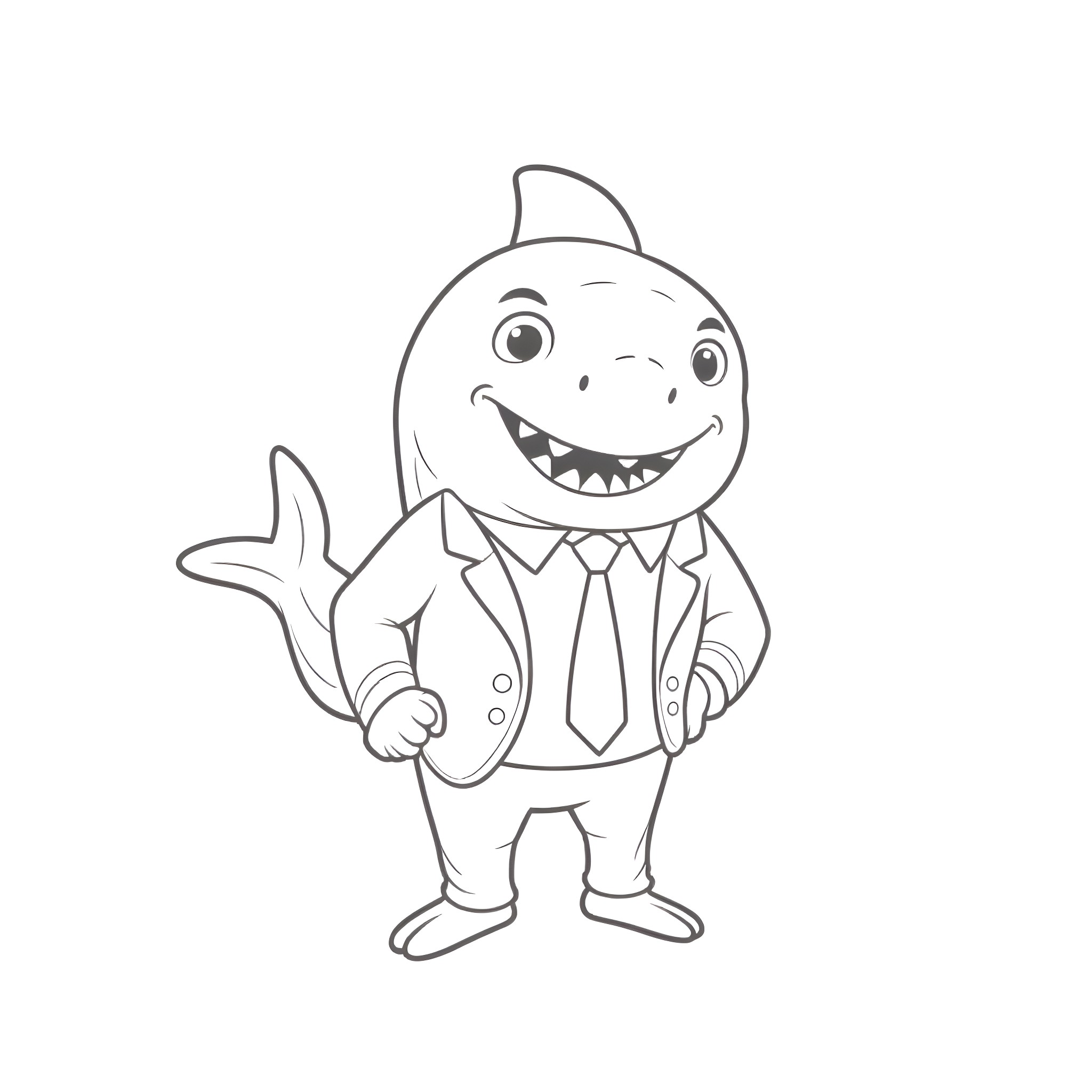 Shark dressed in formal business attire Coloring Page (free black-and-white line drawing printable PDF for all, from beginners to advanced learners, including children, teens, adults, and seniors)