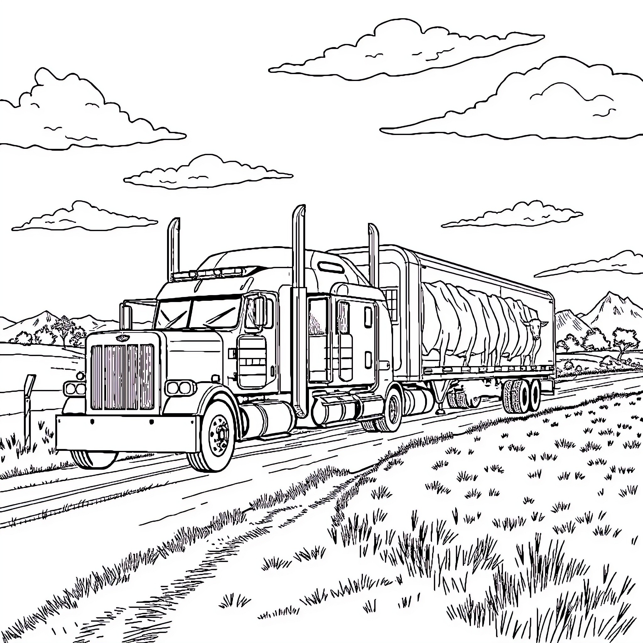 Peterbilt semi-truck hauling trailer through rural landscape Coloring Page (free black-and-white line drawing printable PDF for all, from beginners to advanced learners, including children, teens, adults, and seniors)