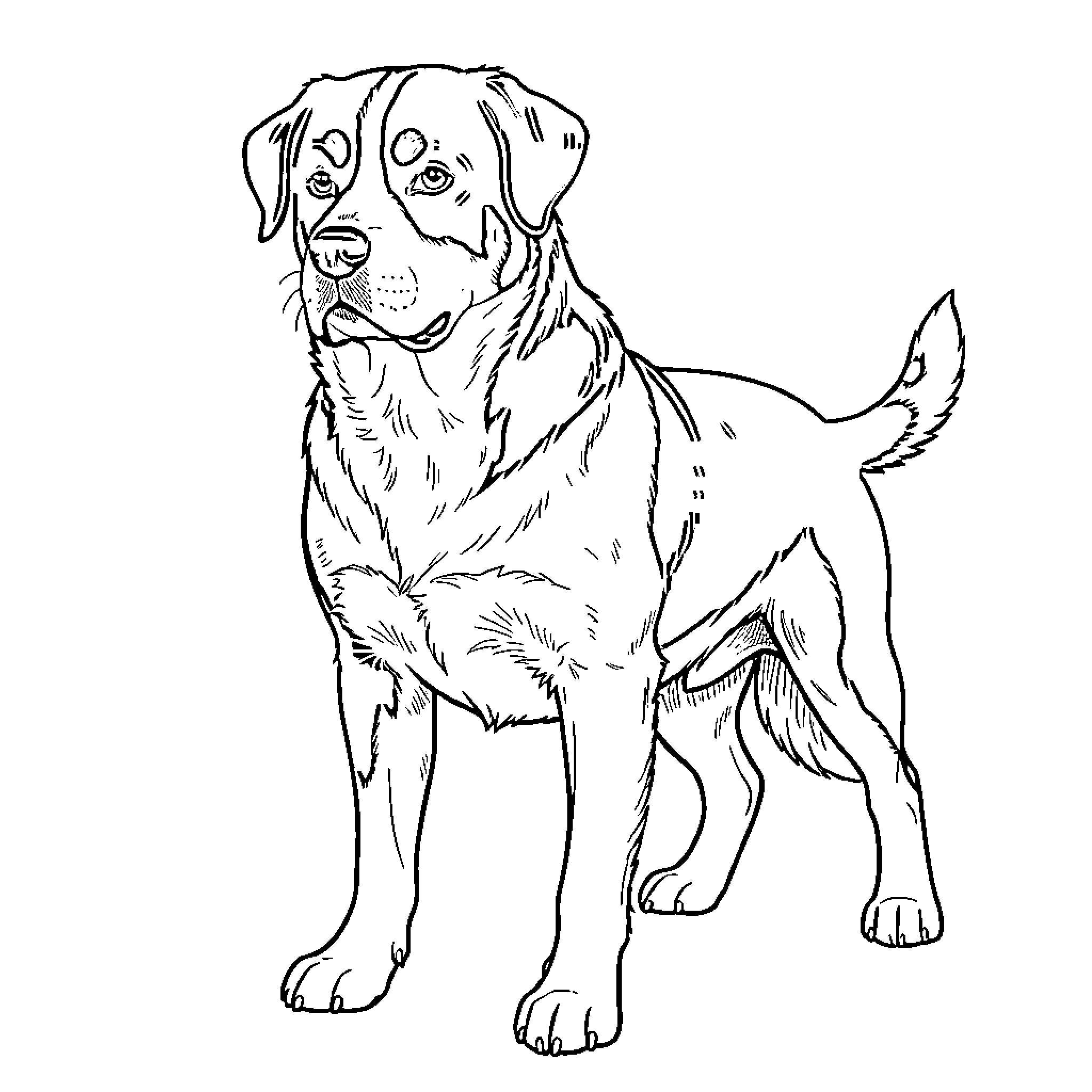 Dog standing calmly and looking forward Coloring Page (free black-and-white line drawing printable PDF for all, from beginners to advanced learners, including children, teens, adults, and seniors)