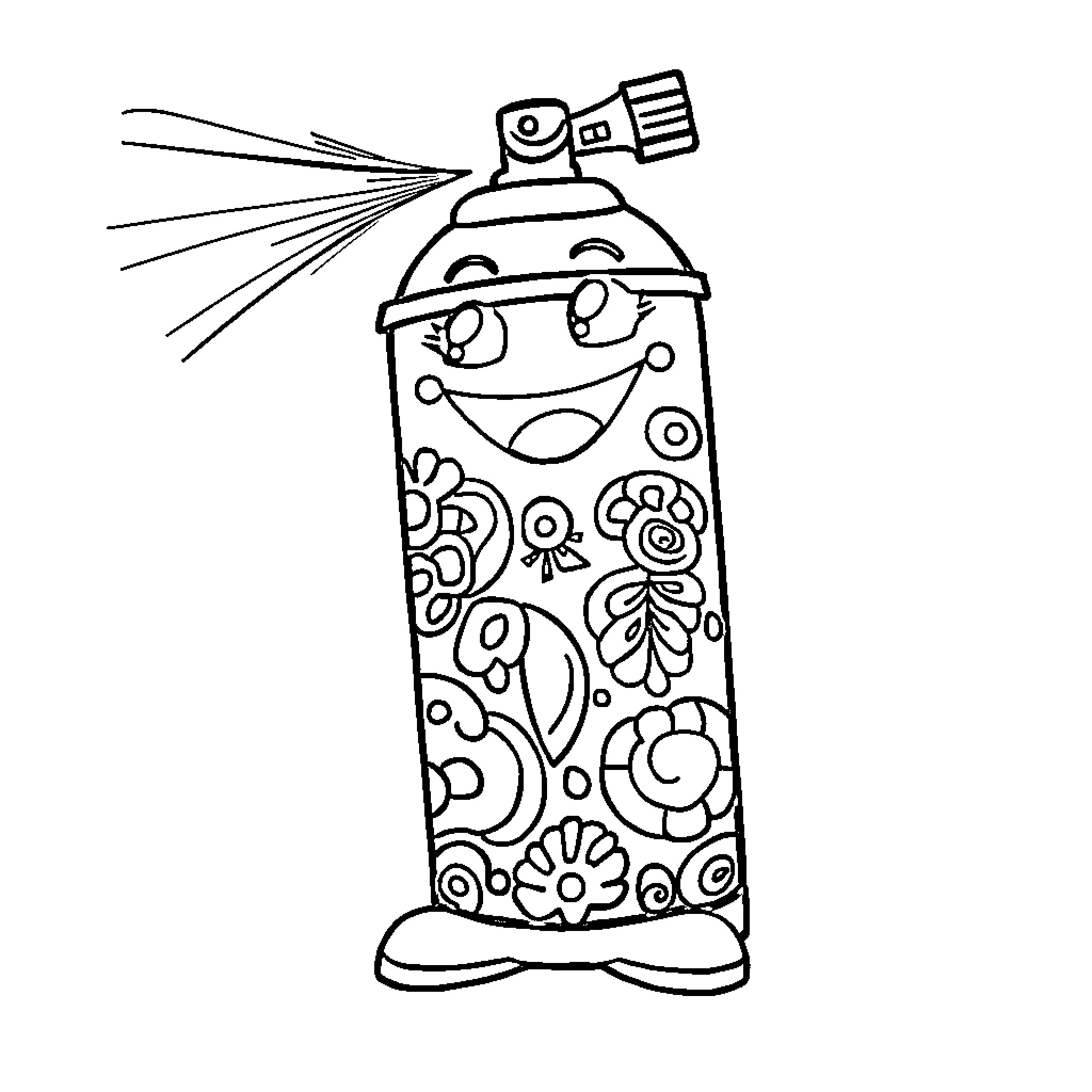 Spraycan with playful floral patterns Coloring Page (free black-and-white line drawing printable PDF for all, from beginners to advanced learners, including children, teens, adults, and seniors)
