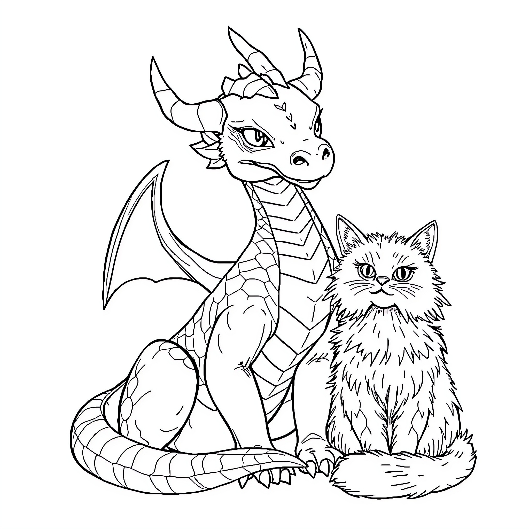 Dragon befriends a curious cat Coloring Page (free black-and-white line drawing printable PDF for all, from beginners to advanced learners, including children, teens, adults, and seniors)
