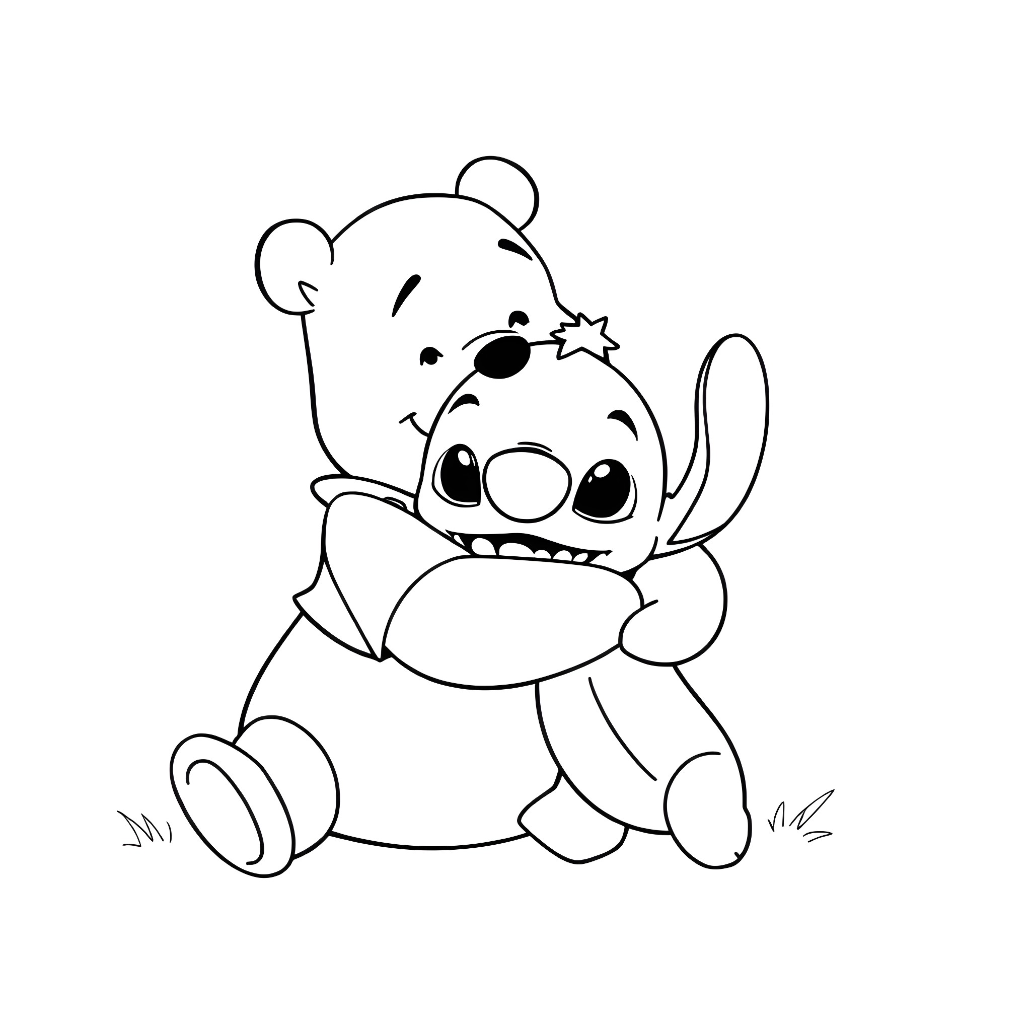 Winnie The Pooh and Stitch Sitting Together Happily Coloring Page (free black-and-white line drawing printable PDF for all, from beginners to advanced learners, including children, teens, adults, and seniors)