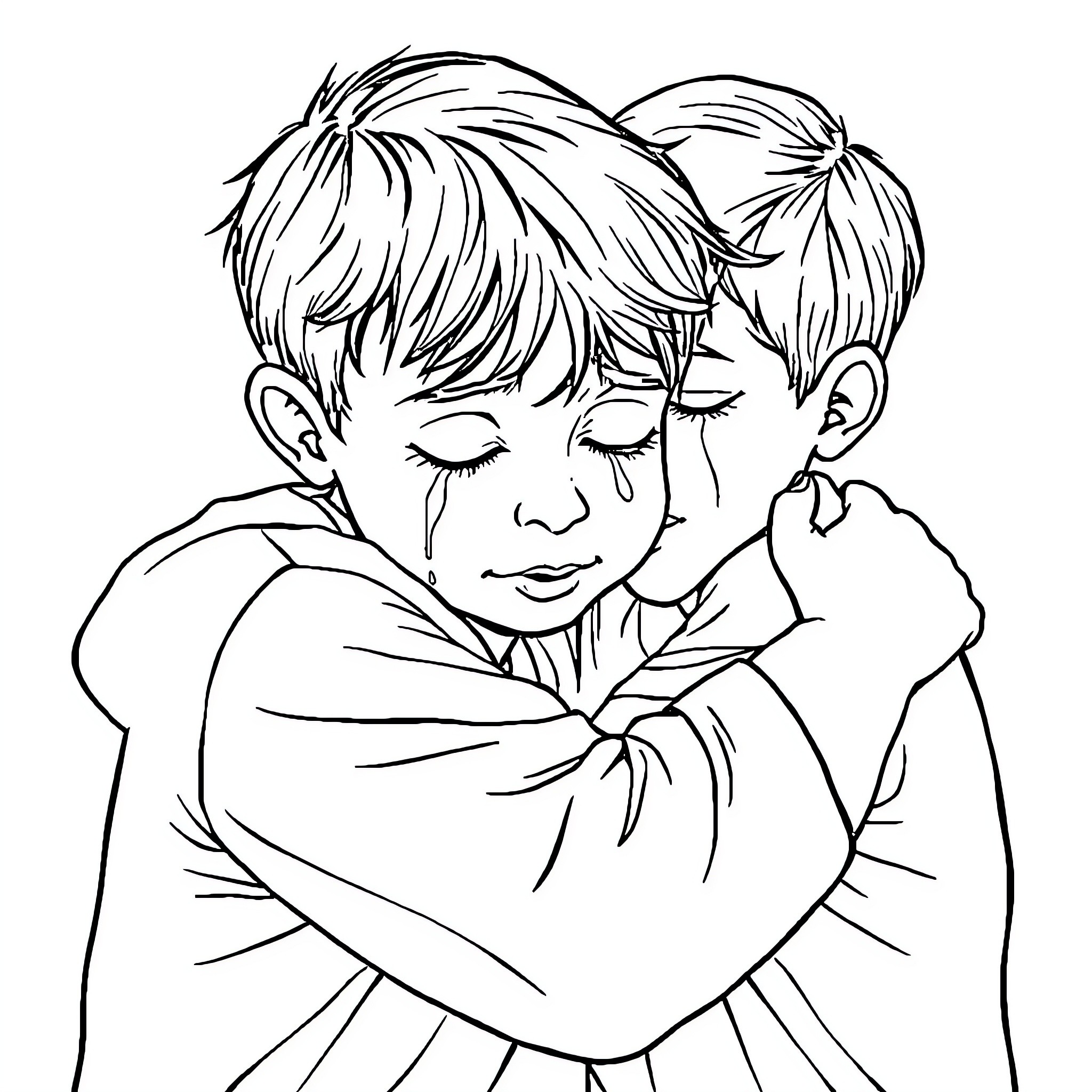 Boy hugging himself while crying Coloring Page (free black-and-white line drawing printable PDF for all, from beginners to advanced learners, including children, teens, adults, and seniors)