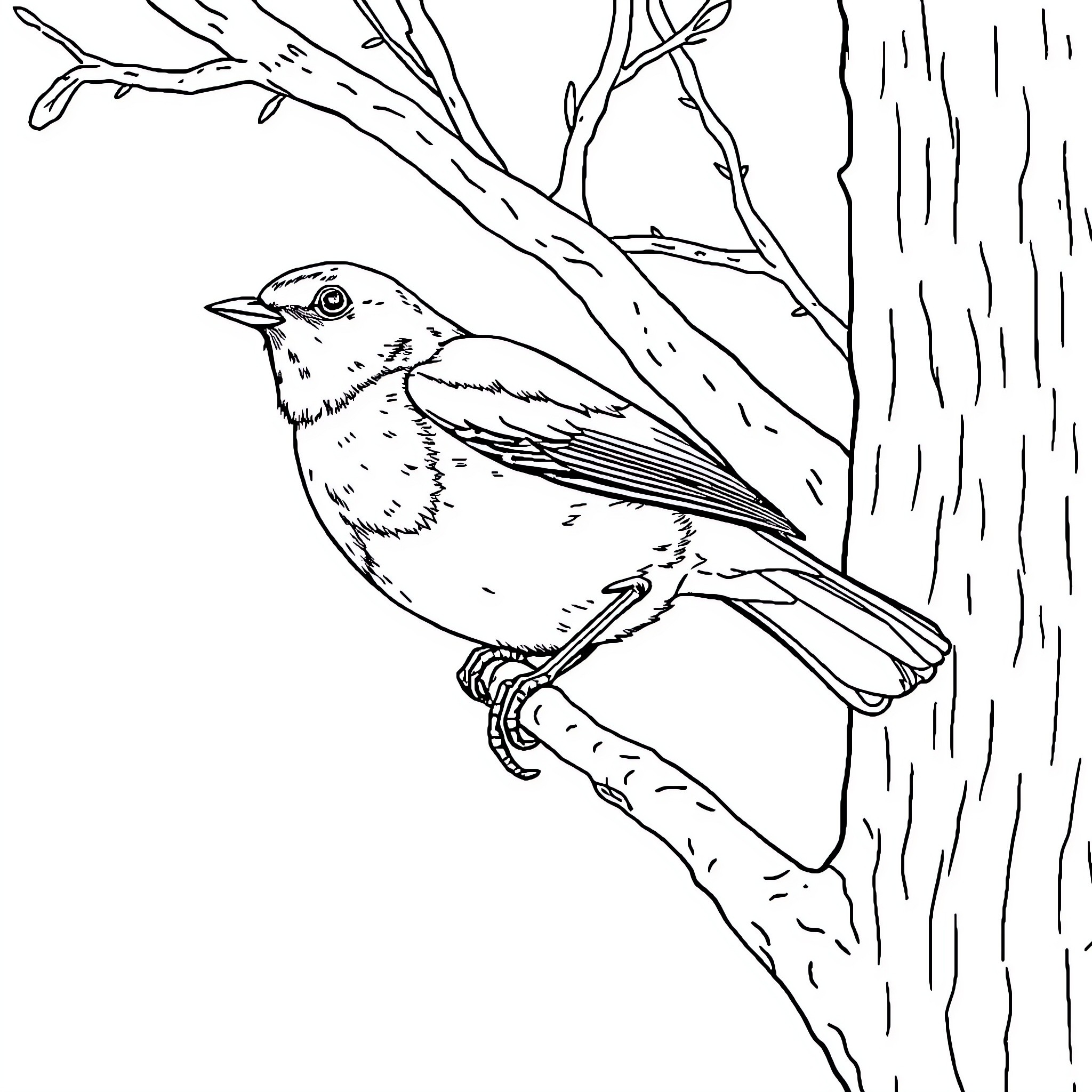 Robin perched on a tree branch Coloring Page (free black-and-white line drawing printable PDF for all, from beginners to advanced learners, including children, teens, adults, and seniors)