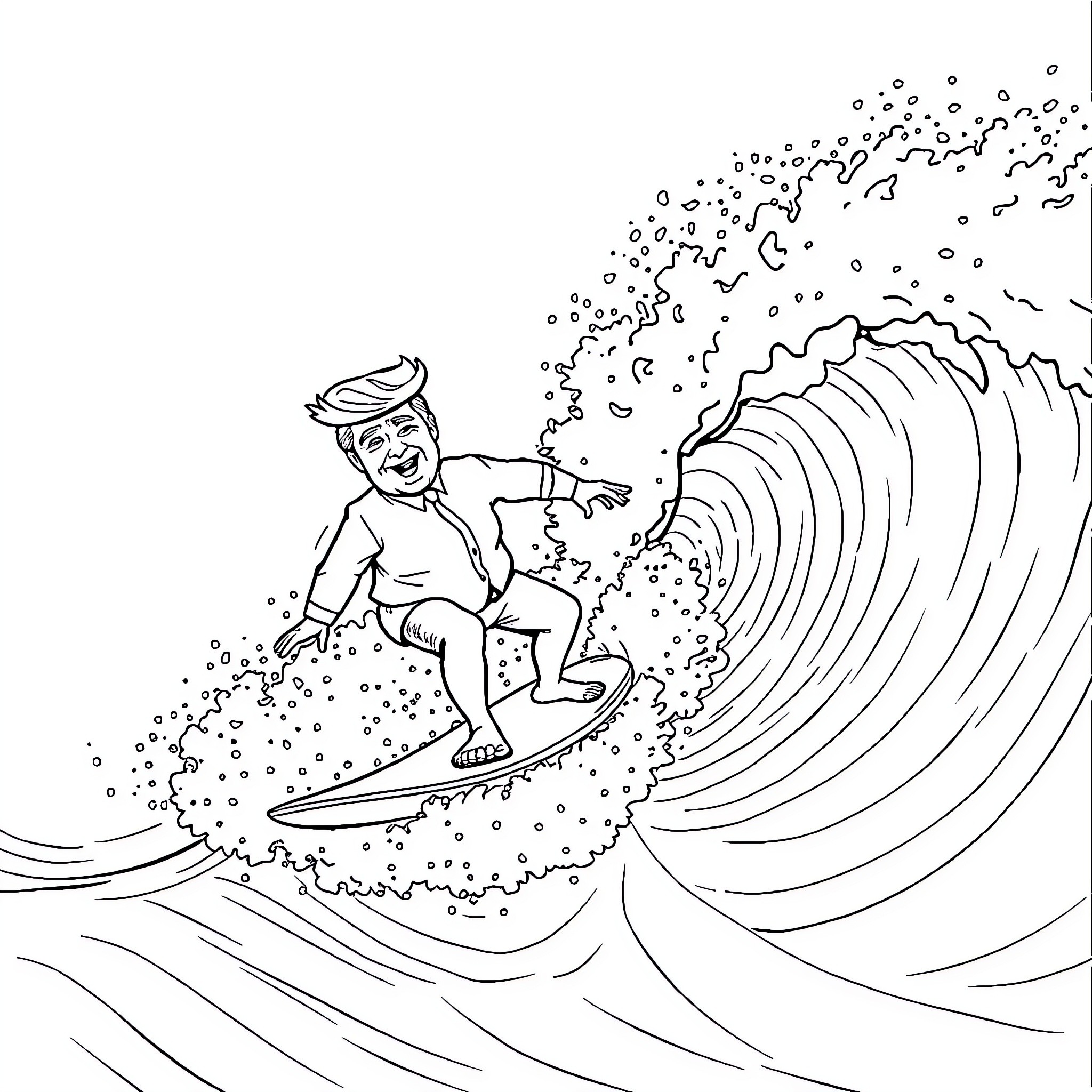 Trump surfing on a massive wave Coloring Page (free black-and-white line drawing printable PDF for all, from beginners to advanced learners, including children, teens, adults, and seniors)
