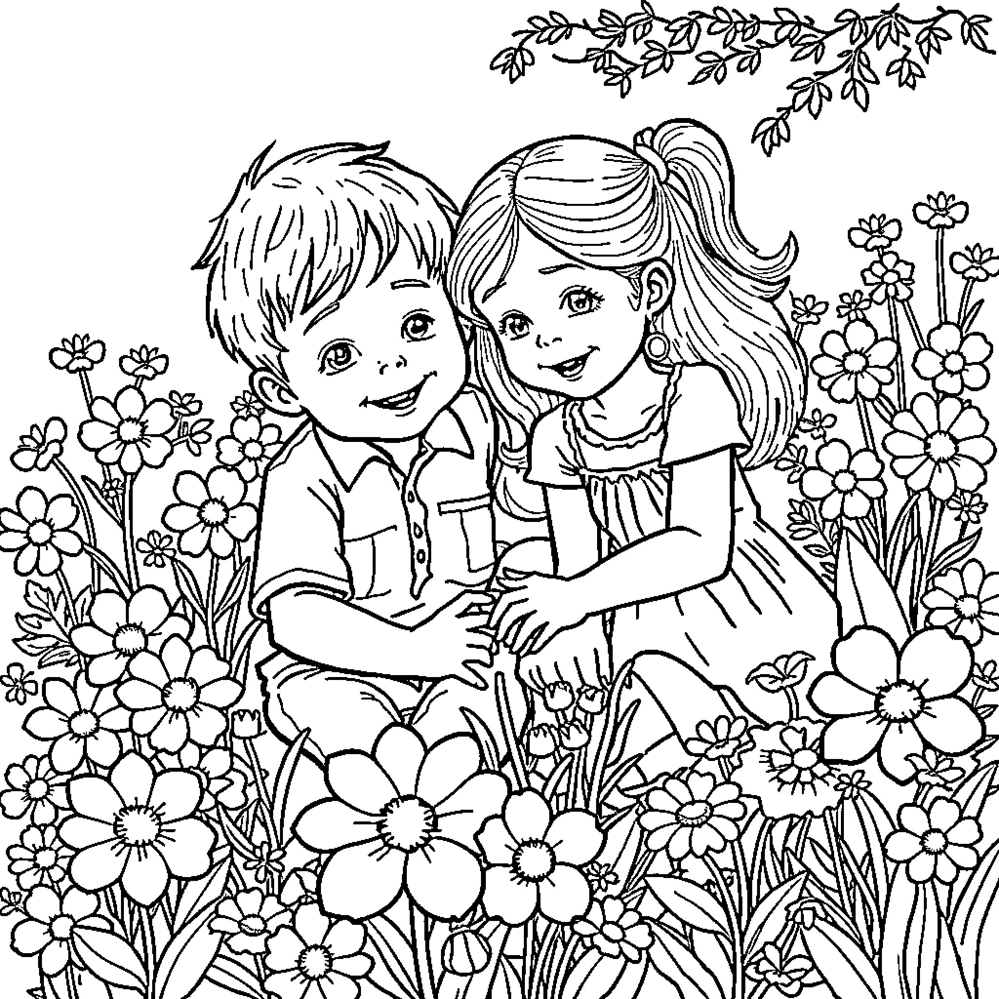 Child friends playing in a flower garden Coloring Page (free black-and-white line drawing printable PDF for all, from beginners to advanced learners, including children, teens, adults, and seniors)