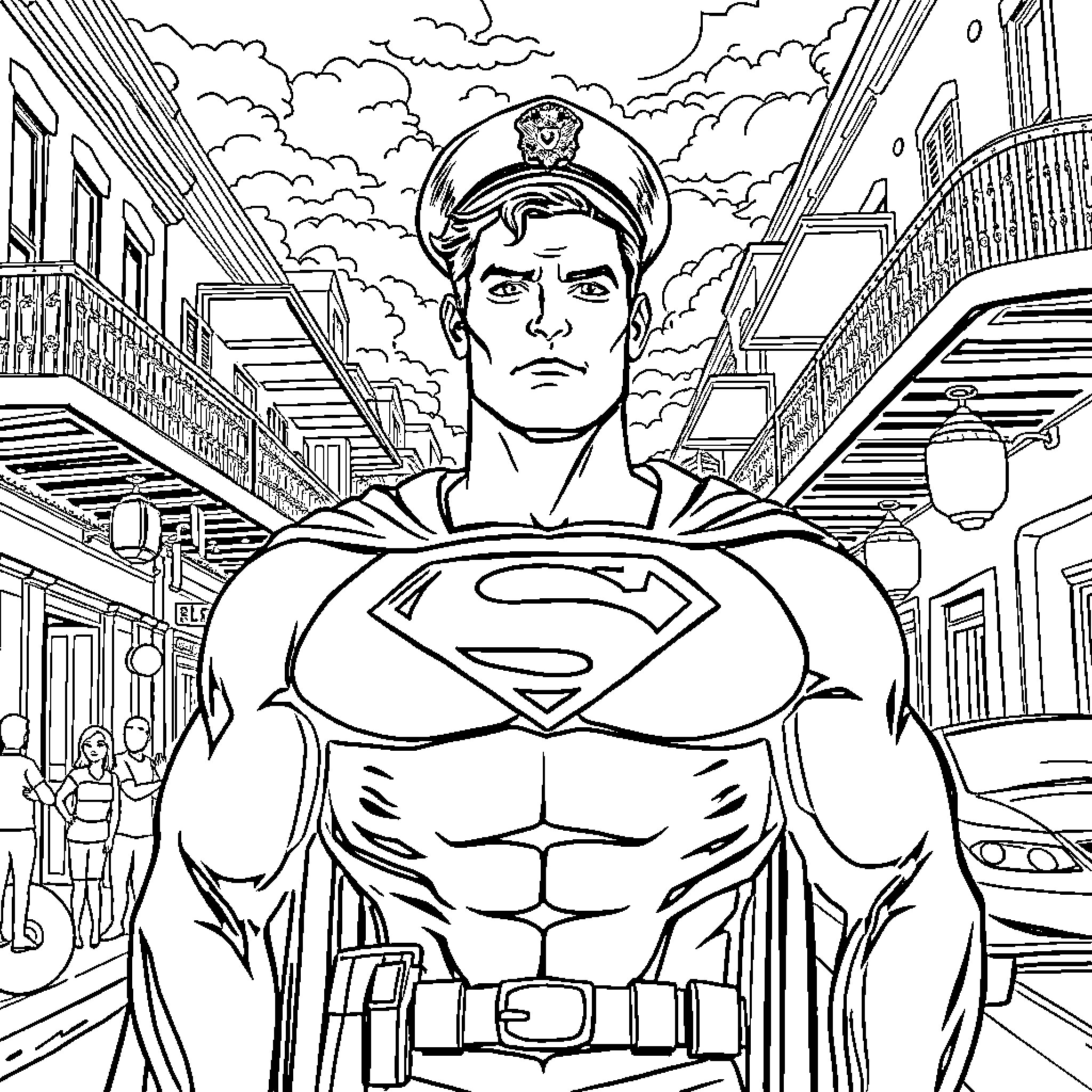 Superman in heroic stance in city street Coloring Page (free black-and-white line drawing printable PDF for all, from beginners to advanced learners, including children, teens, adults, and seniors)