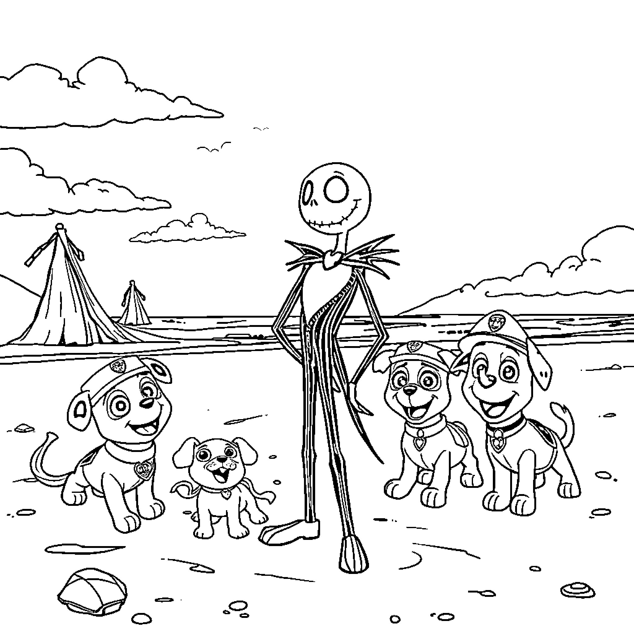 Jack Skellington enjoying a beach day with canine companions Coloring Page (free black-and-white line drawing printable PDF for all, from beginners to advanced learners, including children, teens, adults, and seniors)