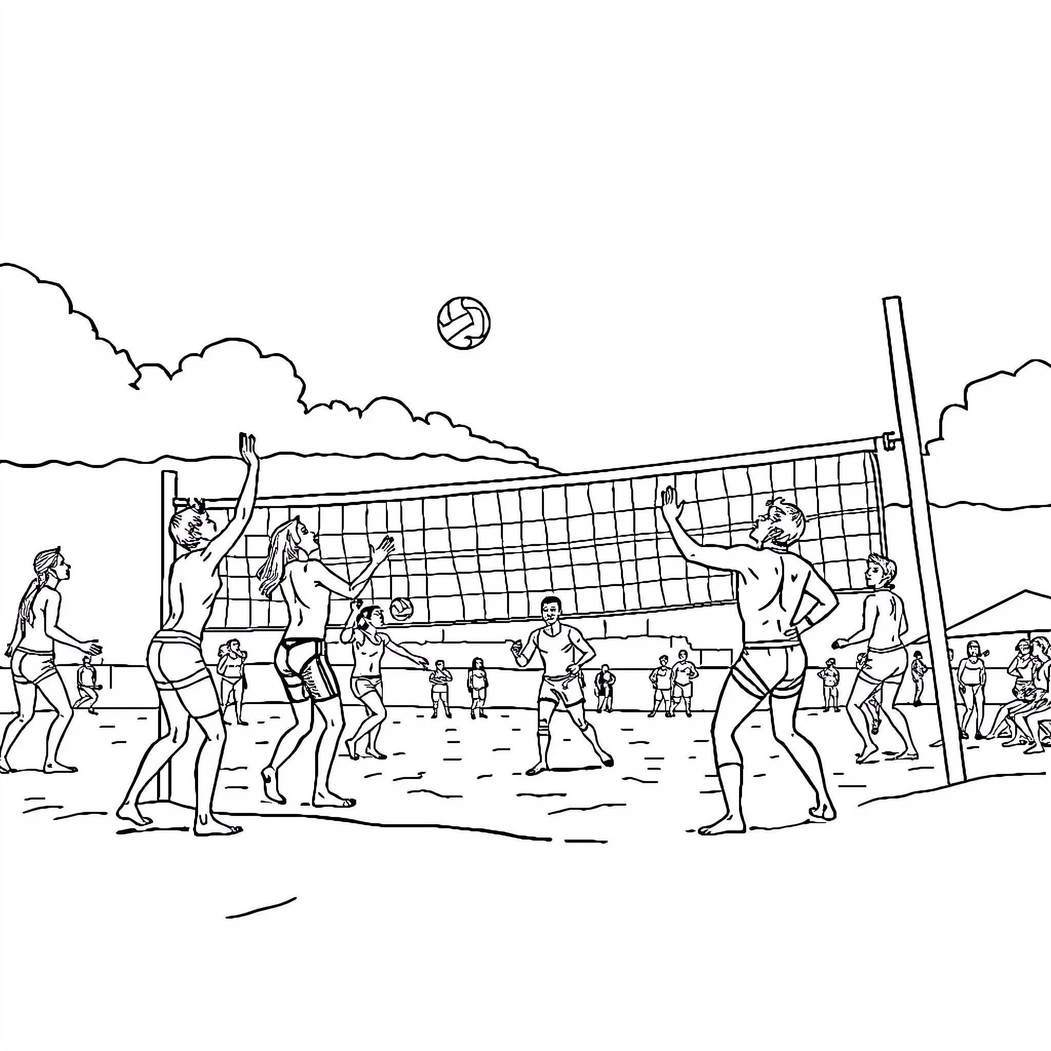 Beach Volleyball Game with Players and Spectators Coloring Page (free black-and-white line drawing printable PDF for all, from beginners to advanced learners, including children, teens, adults, and seniors)