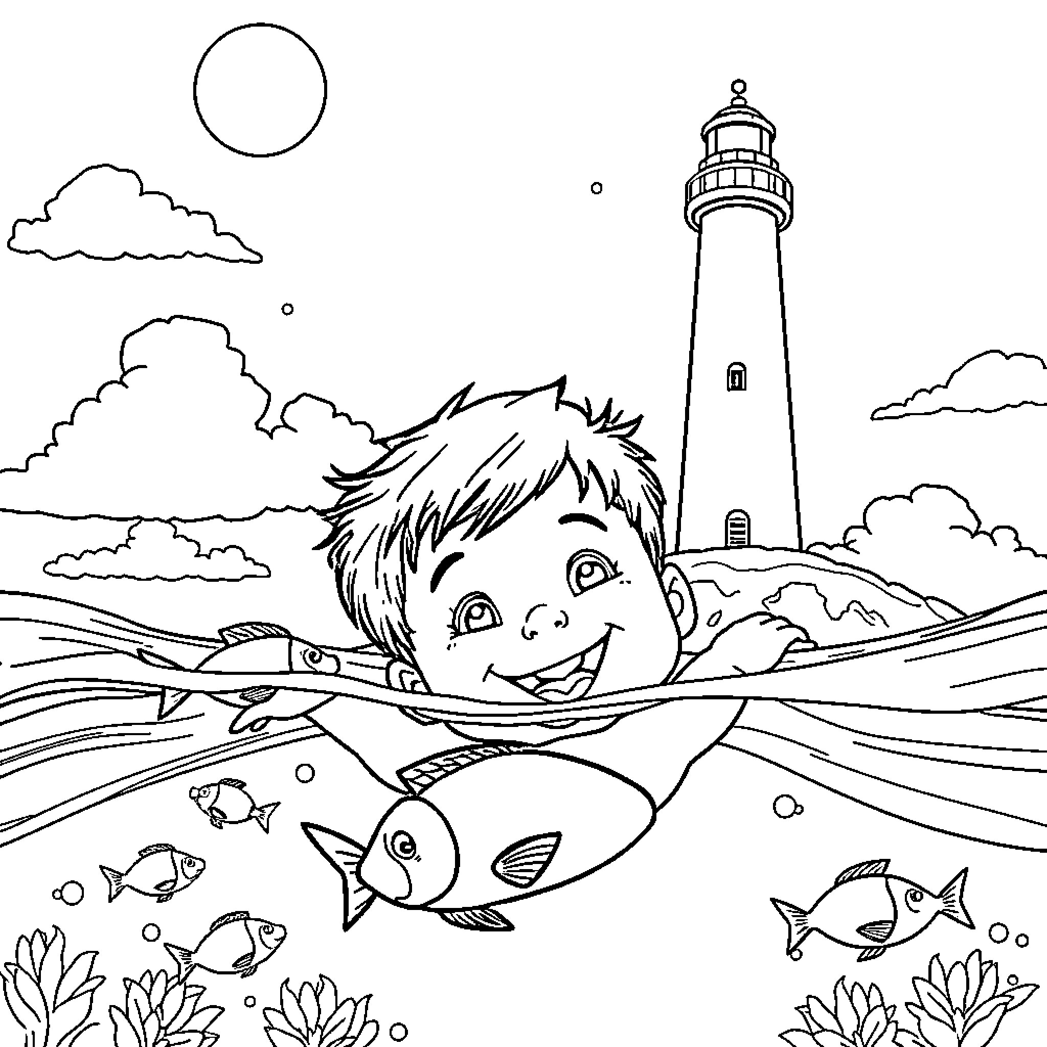 Boy swimming happily with fish in the ocean Coloring Page (free black-and-white line drawing printable PDF for all, from beginners to advanced learners, including children, teens, adults, and seniors)