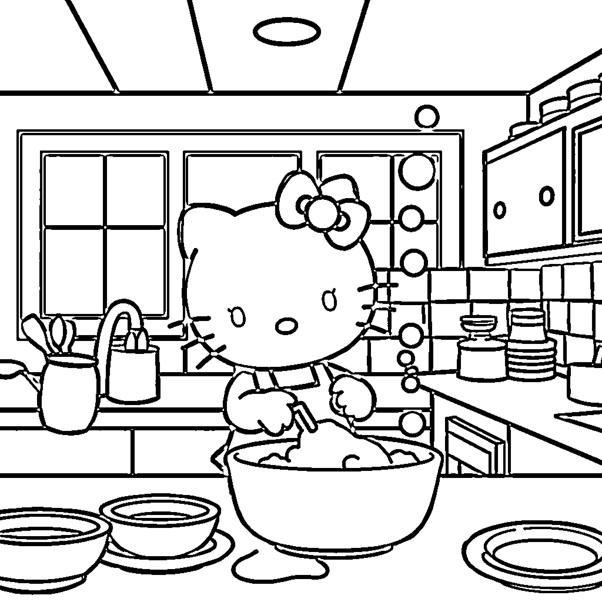 Hello Kitty Baking Treats in the Kitchen Coloring Page (free black-and-white line drawing printable PDF for all, from beginners to advanced learners, including children, teens, adults, and seniors)