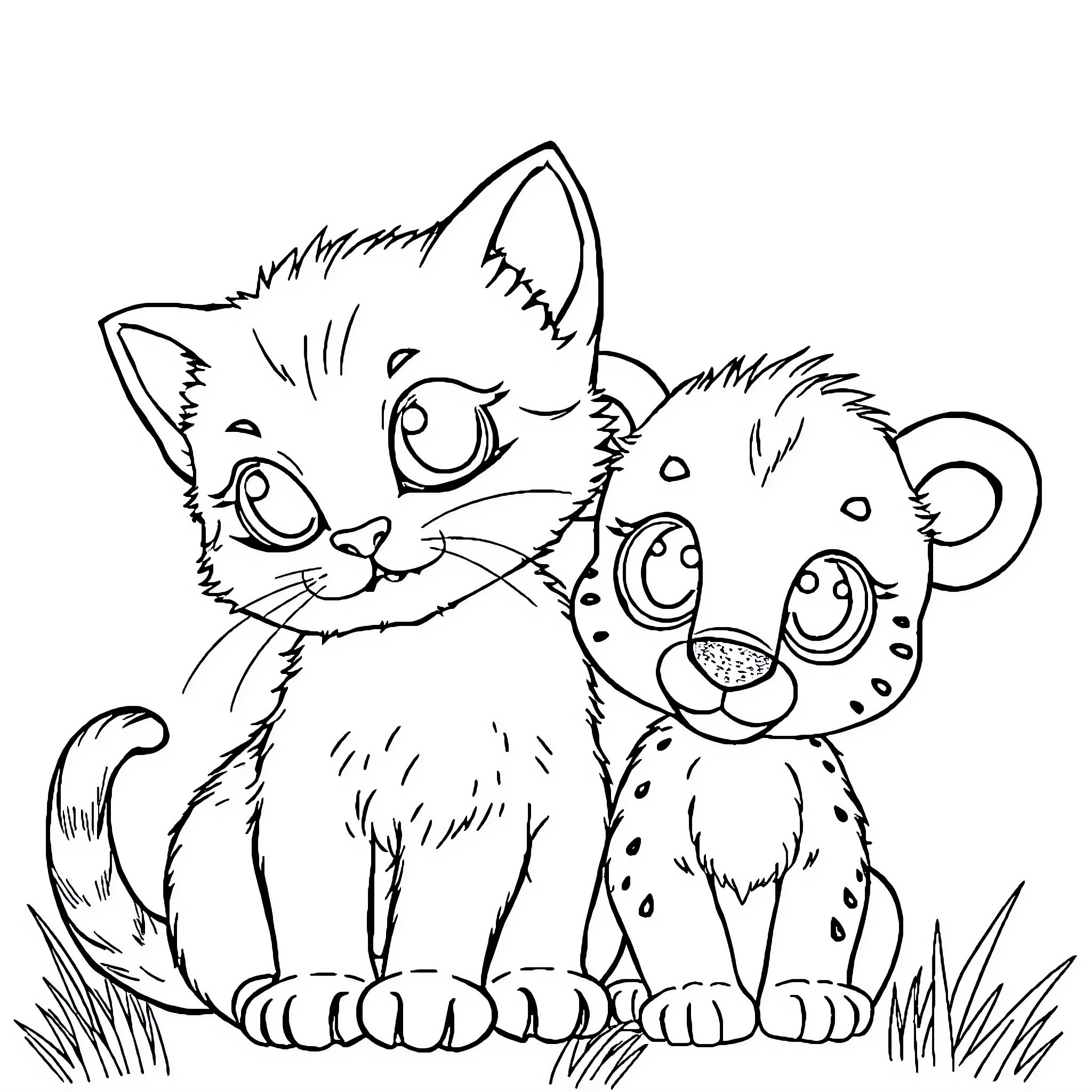 Cat and Puppy Playing Together Coloring Page (free black-and-white line drawing printable PDF for all, from beginners to advanced learners, including children, teens, adults, and seniors)