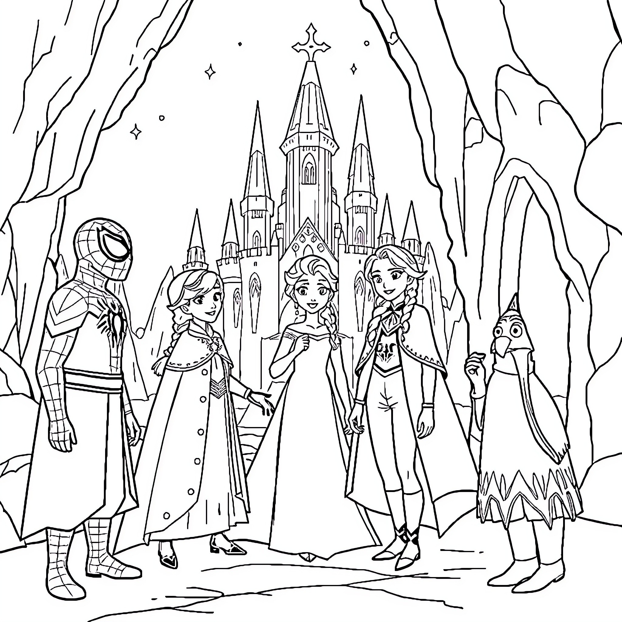 Spidey and friends explore a magical castle Coloring Page (free black-and-white line drawing printable PDF for all, from beginners to advanced learners, including children, teens, adults, and seniors)