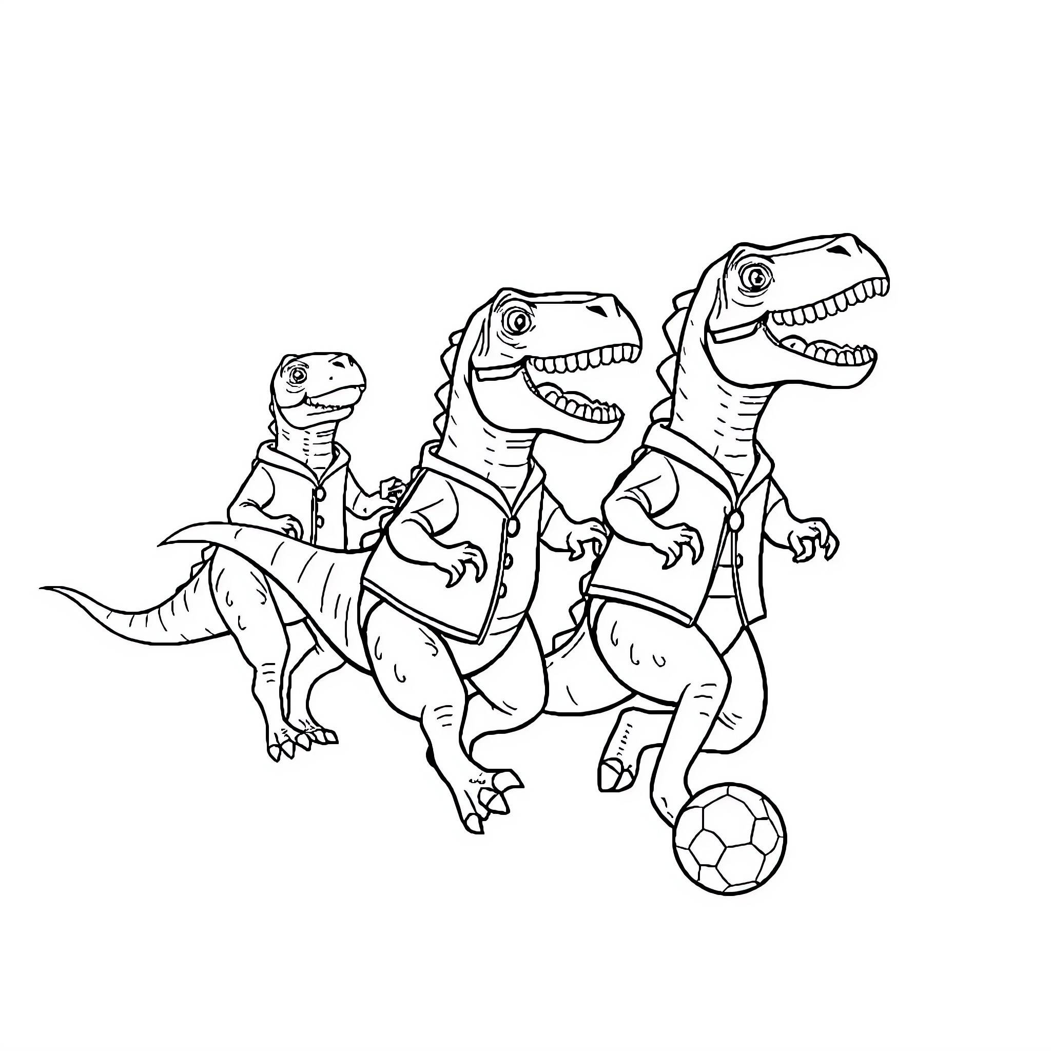 Dinosaurs playing soccer in suits Coloring Page (free black-and-white line drawing printable PDF for all, from beginners to advanced learners, including children, teens, adults, and seniors)