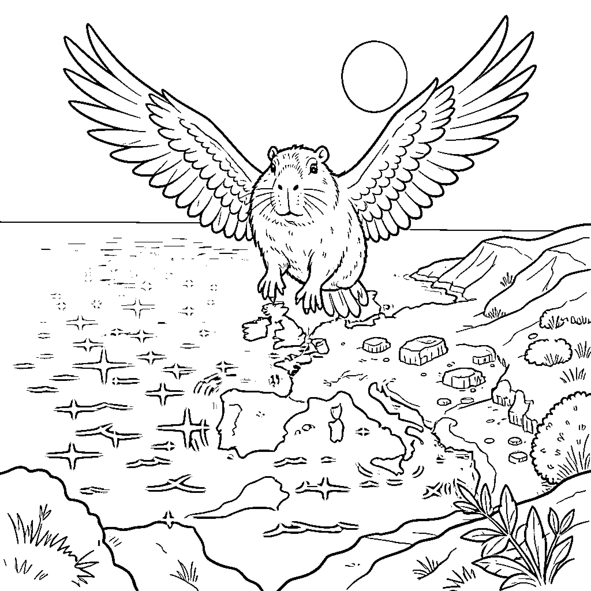 Capybara with Majestic Wings Soaring Over Fantastical Landscape Coloring Page (free black-and-white line drawing printable PDF for all, from beginners to advanced learners, including children, teens, adults, and seniors)