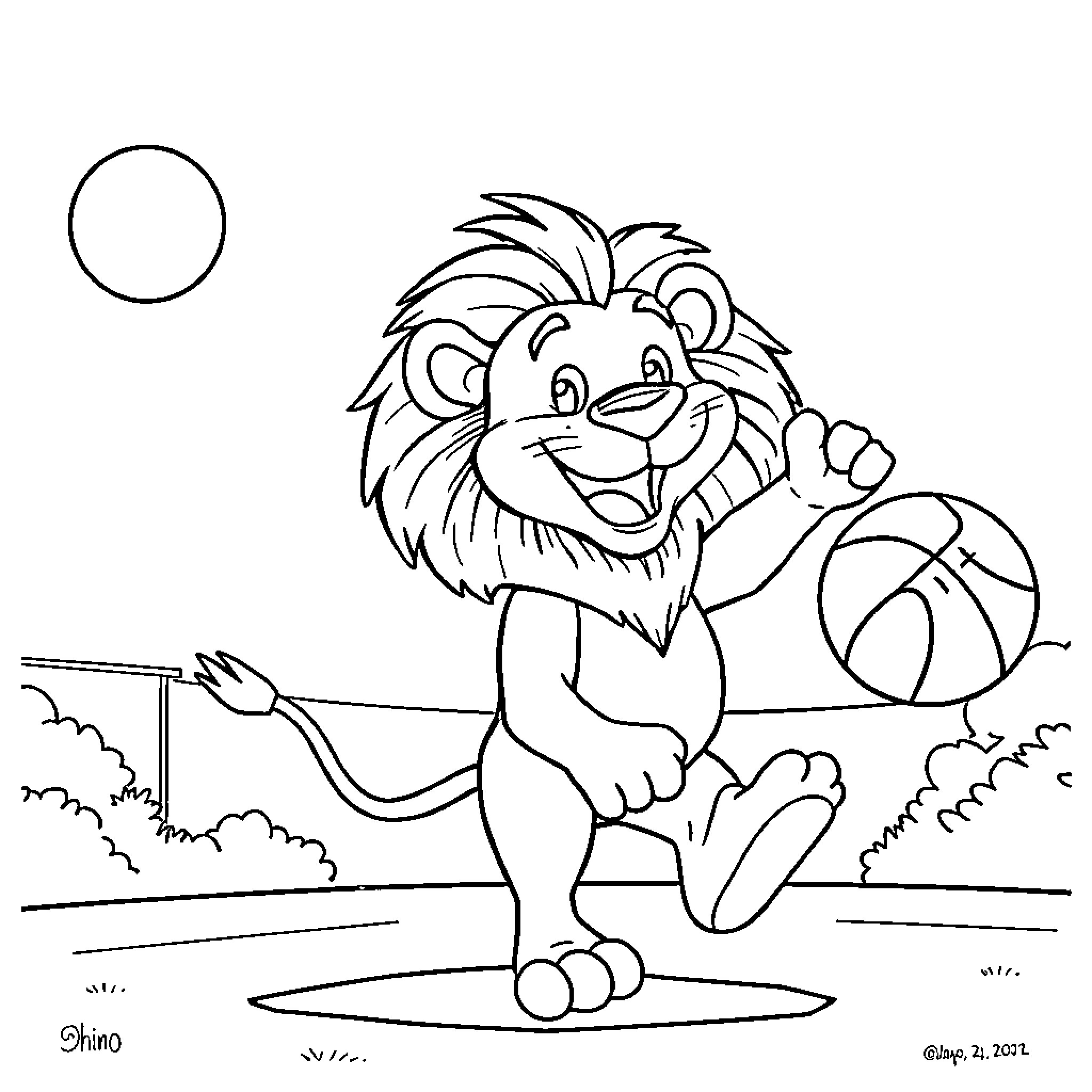 Lion playing joyfully with beach ball Coloring Page (free black-and-white line drawing printable PDF for all, from beginners to advanced learners, including children, teens, adults, and seniors)