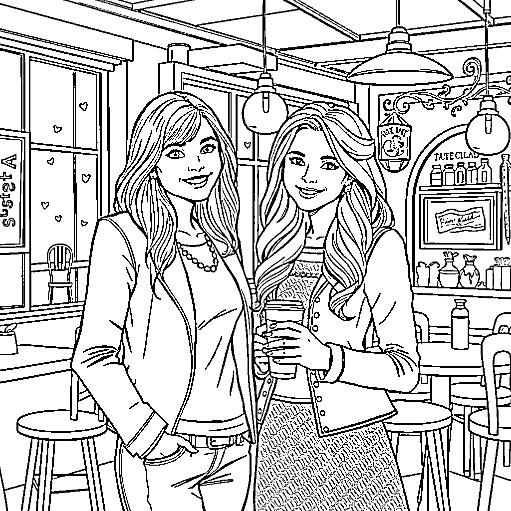 Allison and her friend enjoying a cozy cafe Coloring Page (free black-and-white line drawing printable PDF for all, from beginners to advanced learners, including children, teens, adults, and seniors)