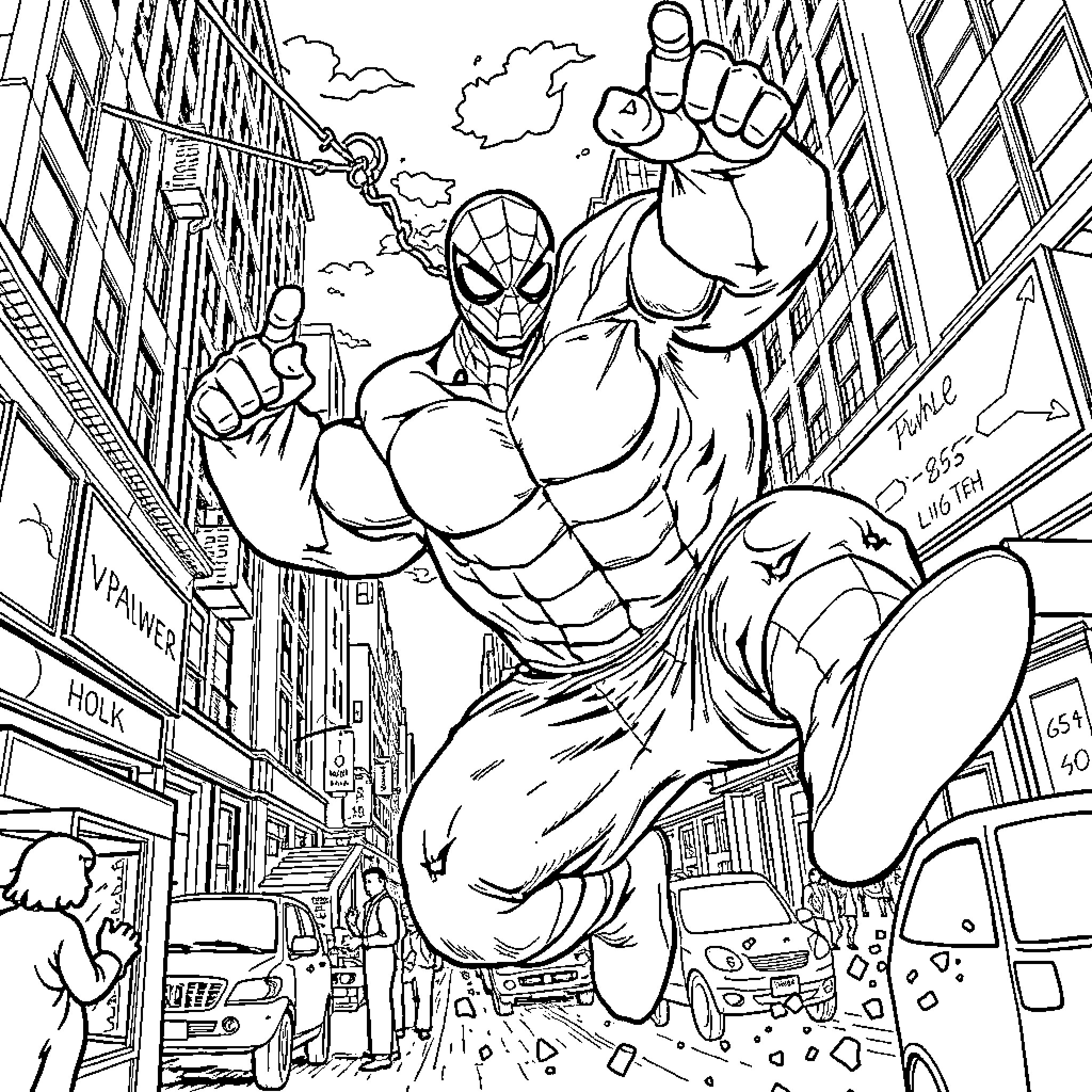 Spiderman swinging through the city with action and intensity Coloring Page (free black-and-white line drawing printable PDF for all, from beginners to advanced learners, including children, teens, adults, and seniors)