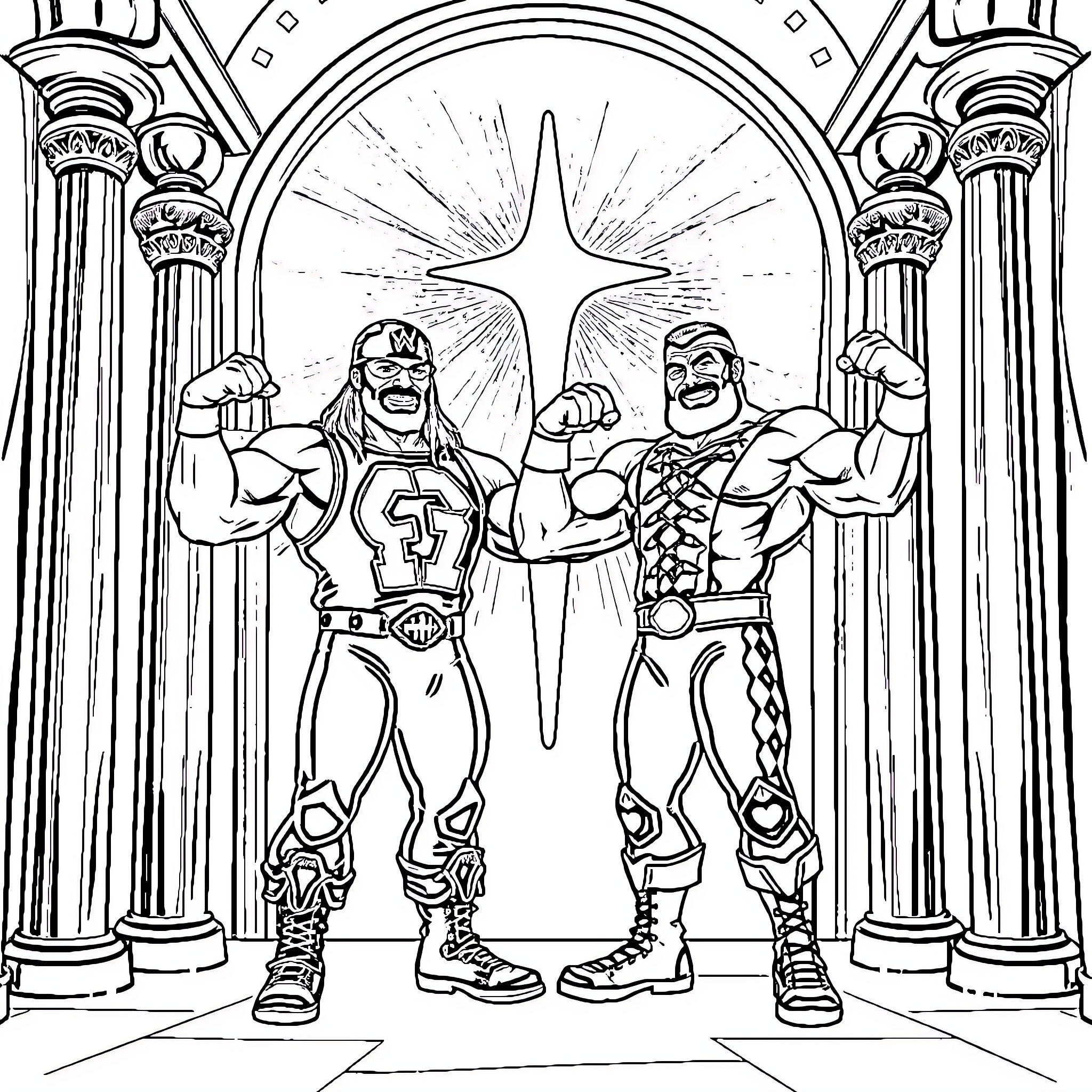 Wrestler Champions Celebrating Victory in Ornate Arena Coloring Page (free black-and-white line drawing printable PDF for all, from beginners to advanced learners, including children, teens, adults, and seniors)