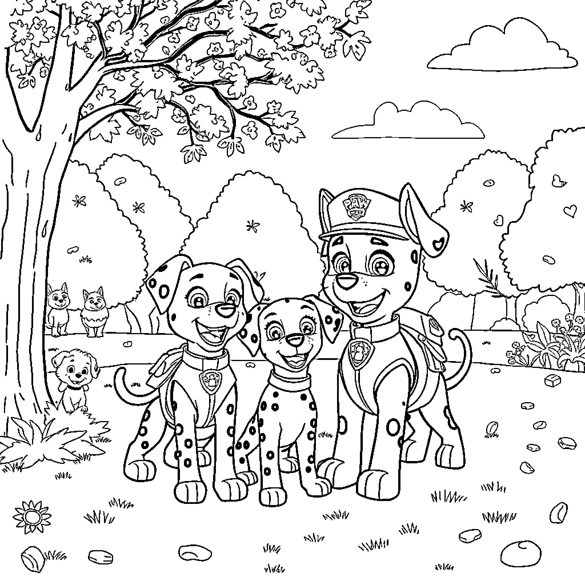 Paw Patrol pups exploring the outdoors Coloring Page (free black-and-white line drawing printable PDF for all, from beginners to advanced learners, including children, teens, adults, and seniors)