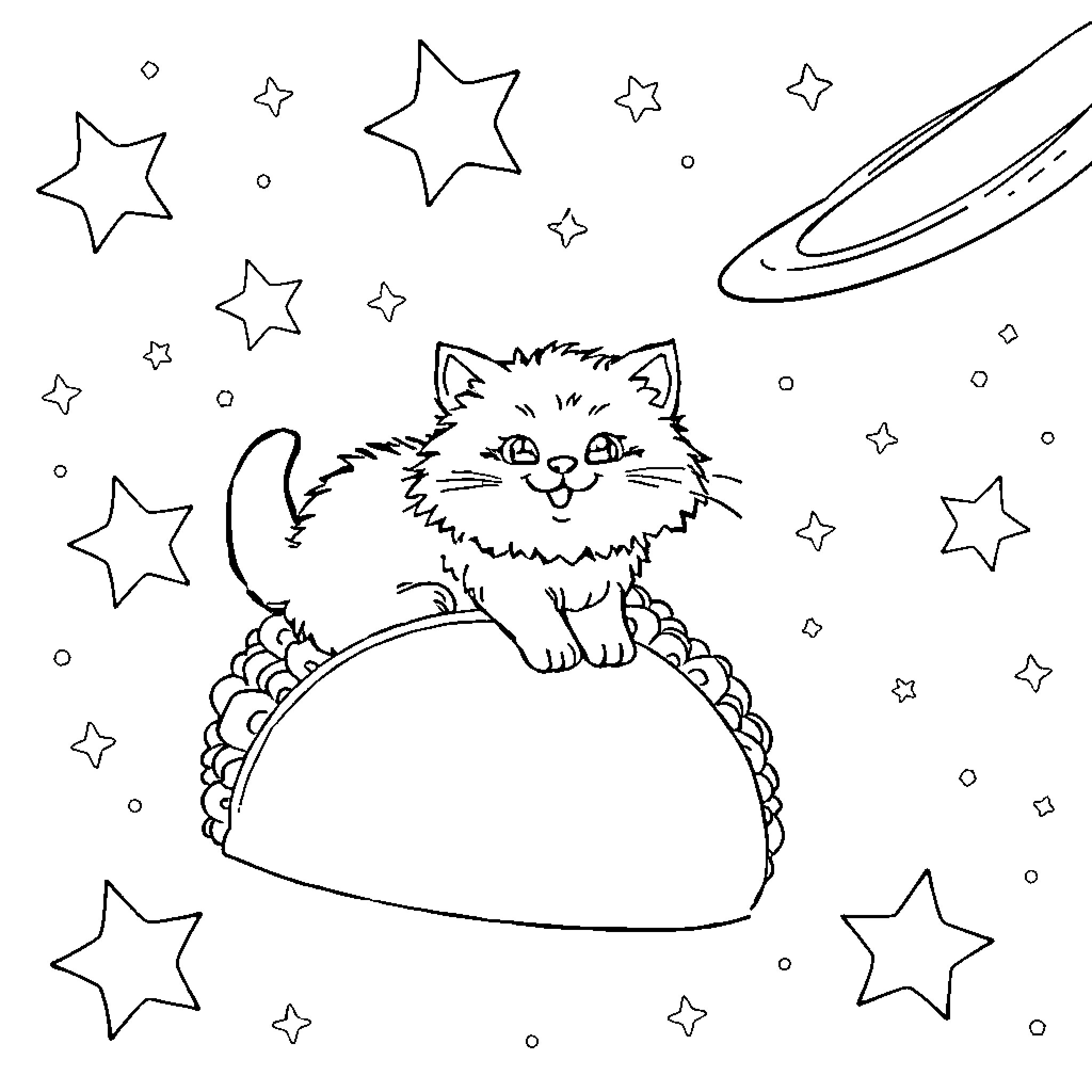 Cat in a starry night scene Coloring Page (free black-and-white line drawing printable PDF for all, from beginners to advanced learners, including children, teens, adults, and seniors)